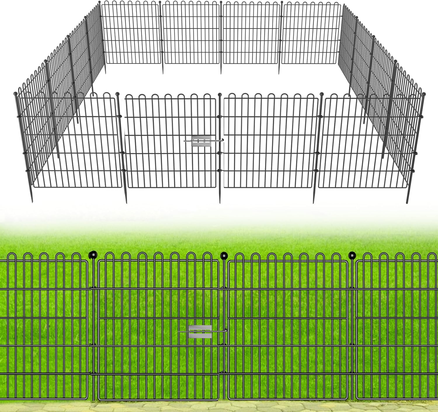 Valla de Jardín Decorativa, 10 Paneles (Longitud Total 7.65m), Altura 60cm, Cerco de Alambre de Acero Inoxidable Sin Zanjas, Barrera para Mascotas, Ideal para Patio, Jardín y Conejos
