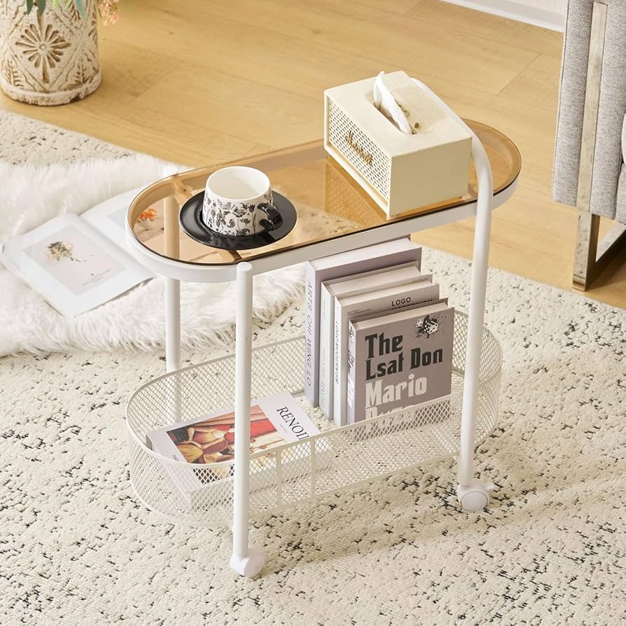 3段 ガラステーブル　サイドテーブル　ワゴン　キャスター　おまけ付き Amazon｜Harper & Bright Designs サイドテーブル 楕円 キャスター付き