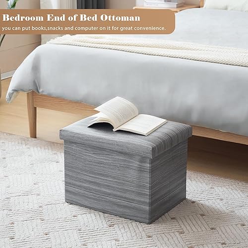 Miniatura 4 de YOUDENOVA Otomana pequeña con reposapiés rectangular plegable de almacenamiento, espacio de almacenamiento de 36 litros, tela de lino con reposapiés