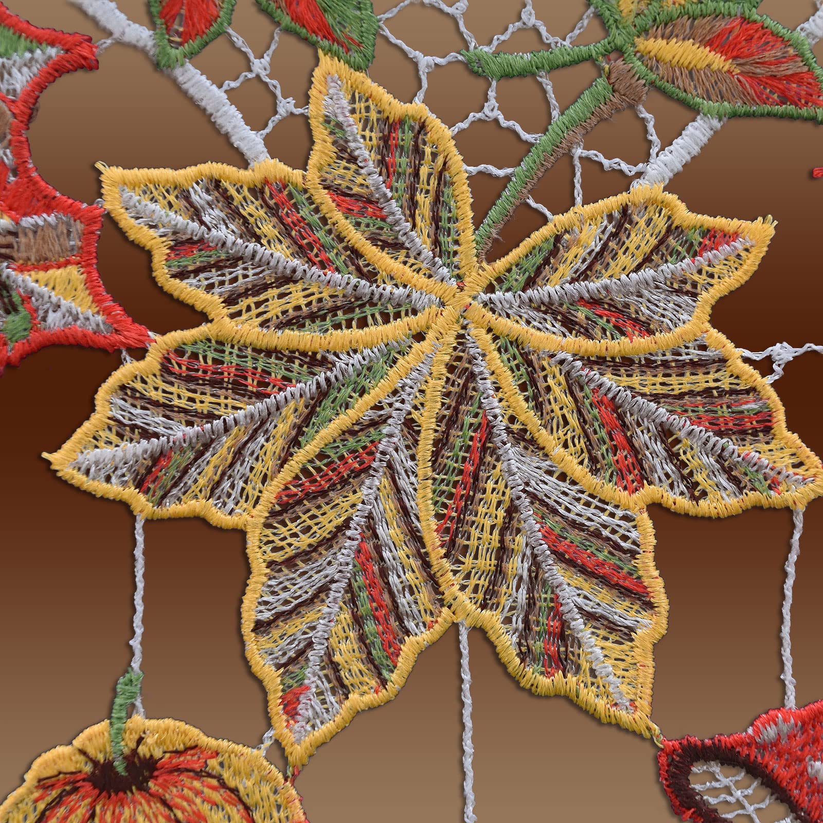 Feenhaus-Spitzengardine raschelndes Herbstlaub mit Vögelchen Vogtländischer Spitze Scheibengardine für den Herbst 21 x 96 cm