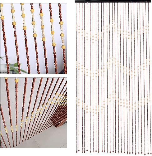 Miniatura 4 de Eapmic Cortina de cuentas de madera y bambú, cortina de 27 líneas onduladas densas con flecos y borlas para puerta, cuentas de madera hechas a mano,