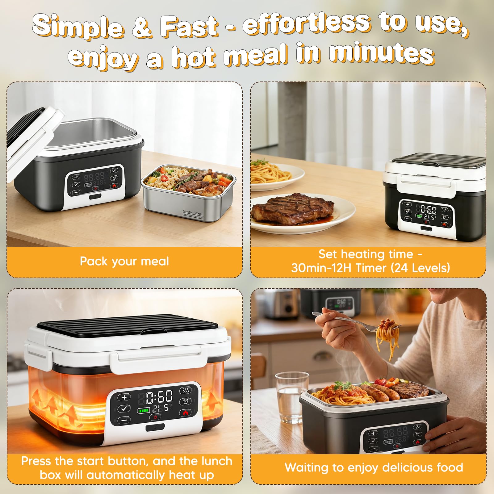 Lunch Box Riscaldato, Lunch Box Riscaldato Intelligente da 1.5L con Touchscreen, Lunch Box Riscaldato Wireless con Piatti in Acciaio Inox e Borsa Termica, Ideale per l'Ufficio/Viaggi/Campeggio