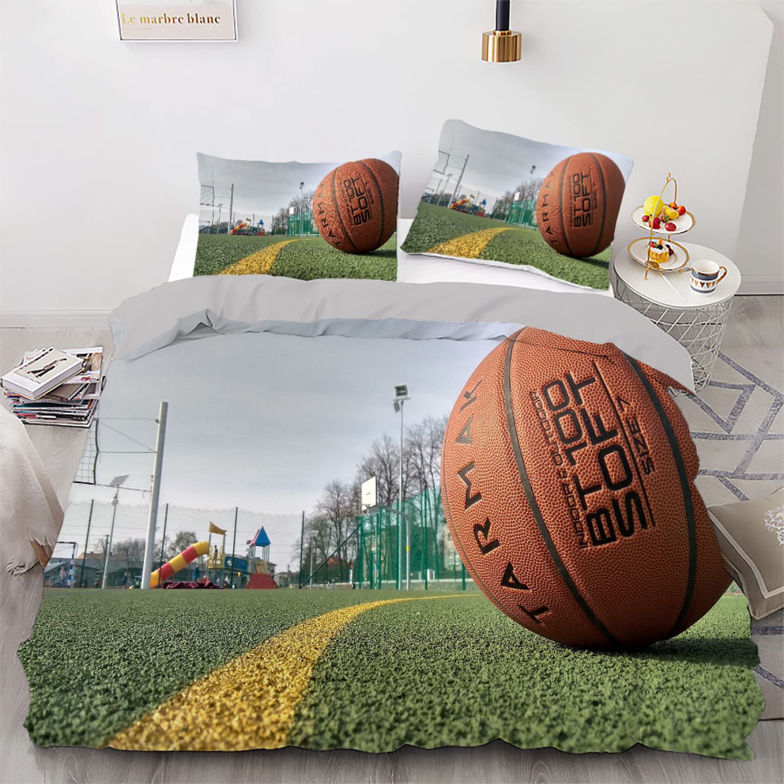 Parure de Lit 240 x 260 Basket Bleu anti-plis et facile à enfiler avec sa fermeture éclair