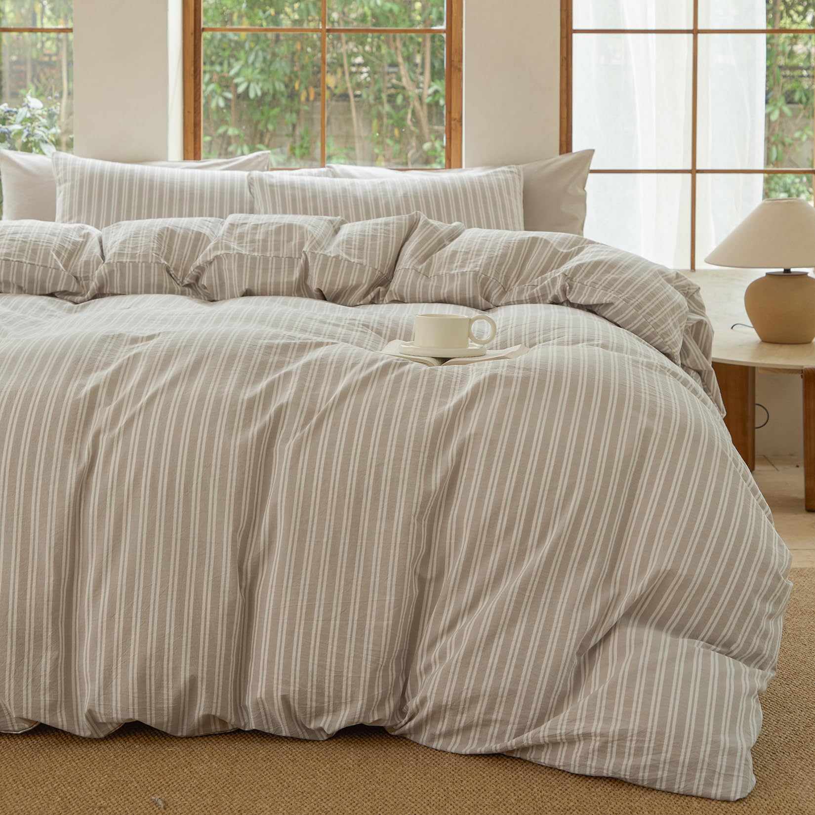 BESTDESIL Striped Duvet Cover Set,100% Washed Cotton Linen Like Comforter Cover,Breathable,Durable,Comfy(Strip-Tannish Linen Grey/White,King)