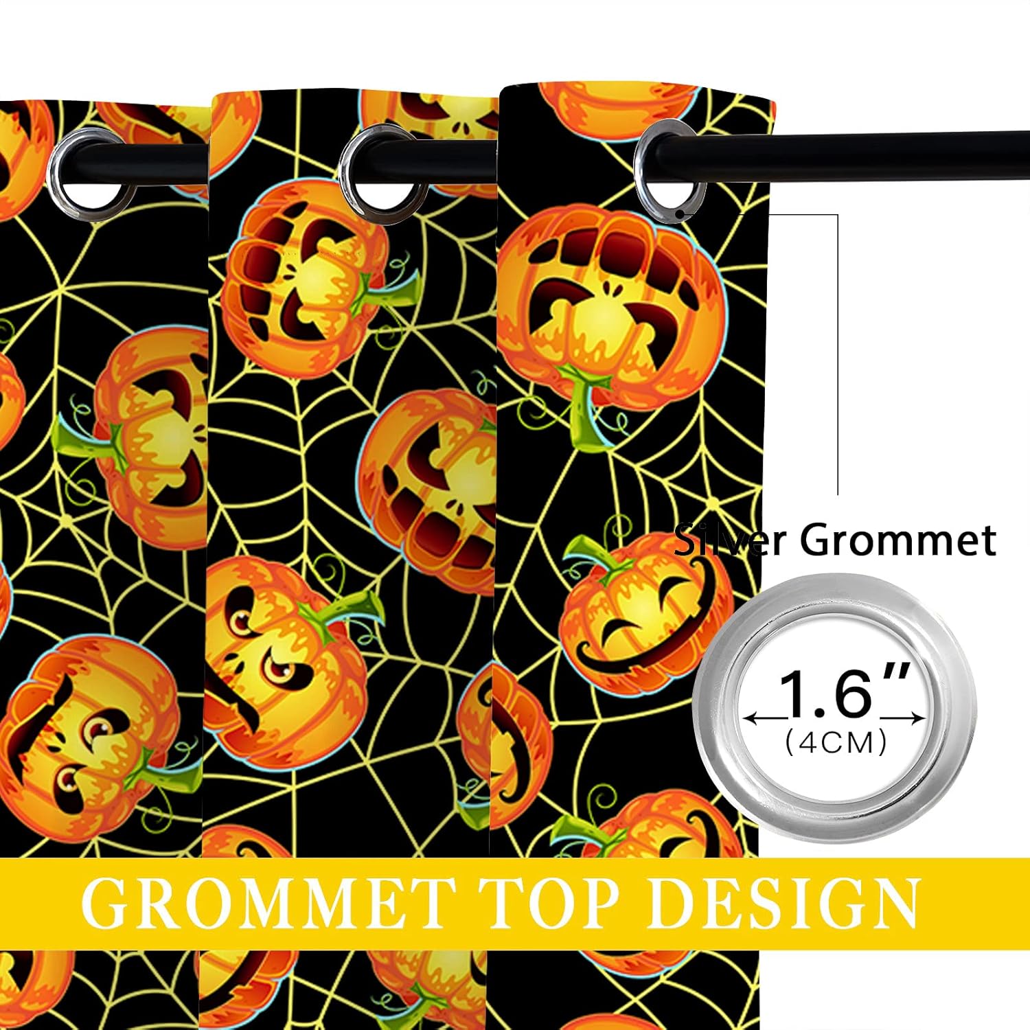 Halloween Blackout Curtains for Girls Boy Home Decor, Pumpkin Spider Web Orange Party Christmas Grommet Thermal Insulated Drapes Darkening Window Curtain for Bedroom Living Room, 72 x 63 Inch