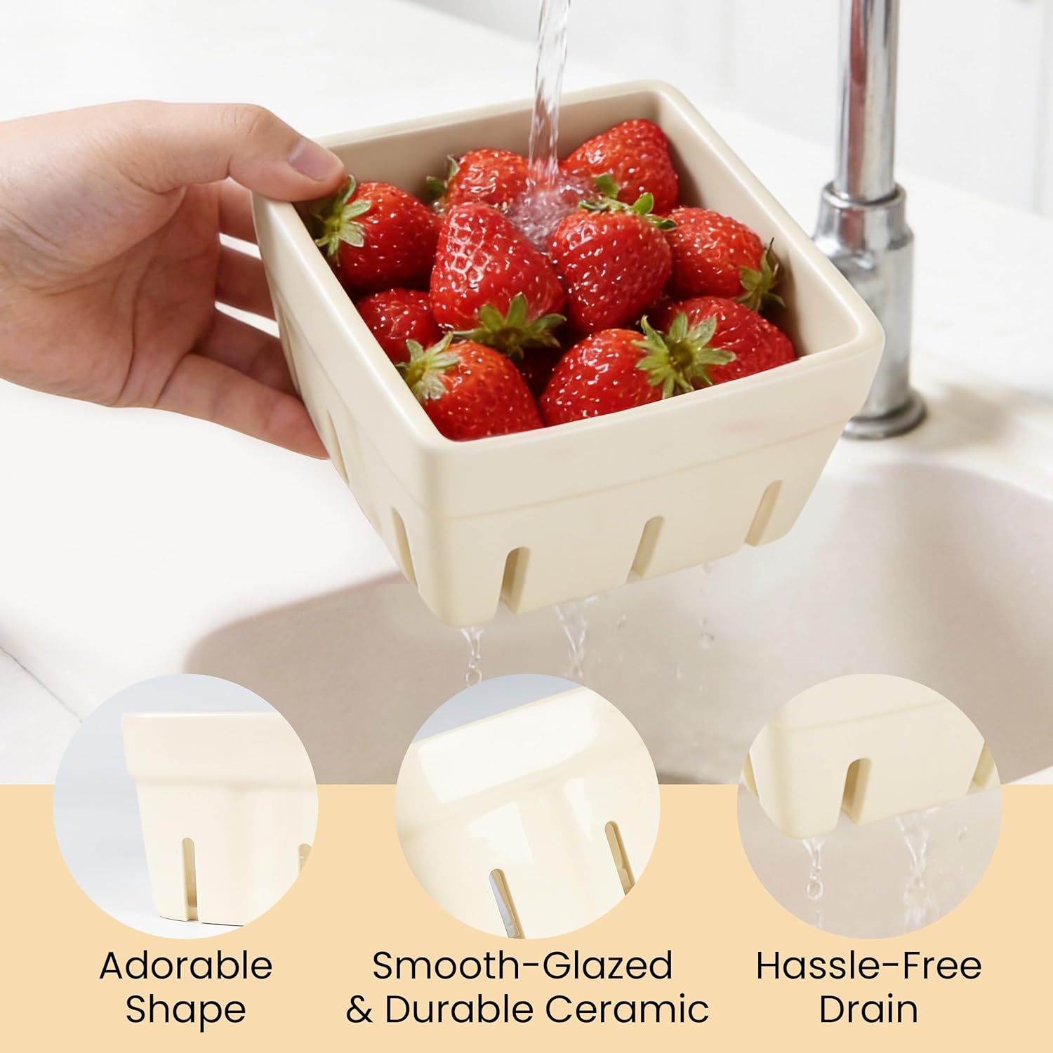 AELS Ceramic Berry Basket, Farmhouse Fruit Bowl Container for Fruit & Vegetables, Farmers Market, Kitchen Decor, Stoneware Harvest Bowls, Set of 4, Navy Blueberry