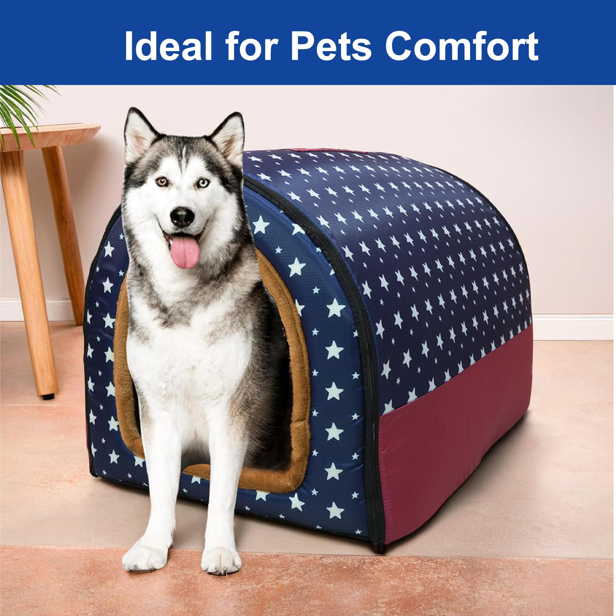 Kuber Industries Foldable Igloo Dog House | Soft & Adjustable Travel Pet Shelter for Cat & Rabbits with Sleeping Bed | Cave Bed Tent Shelter for Pets | Large - Blue Polka Dots 1