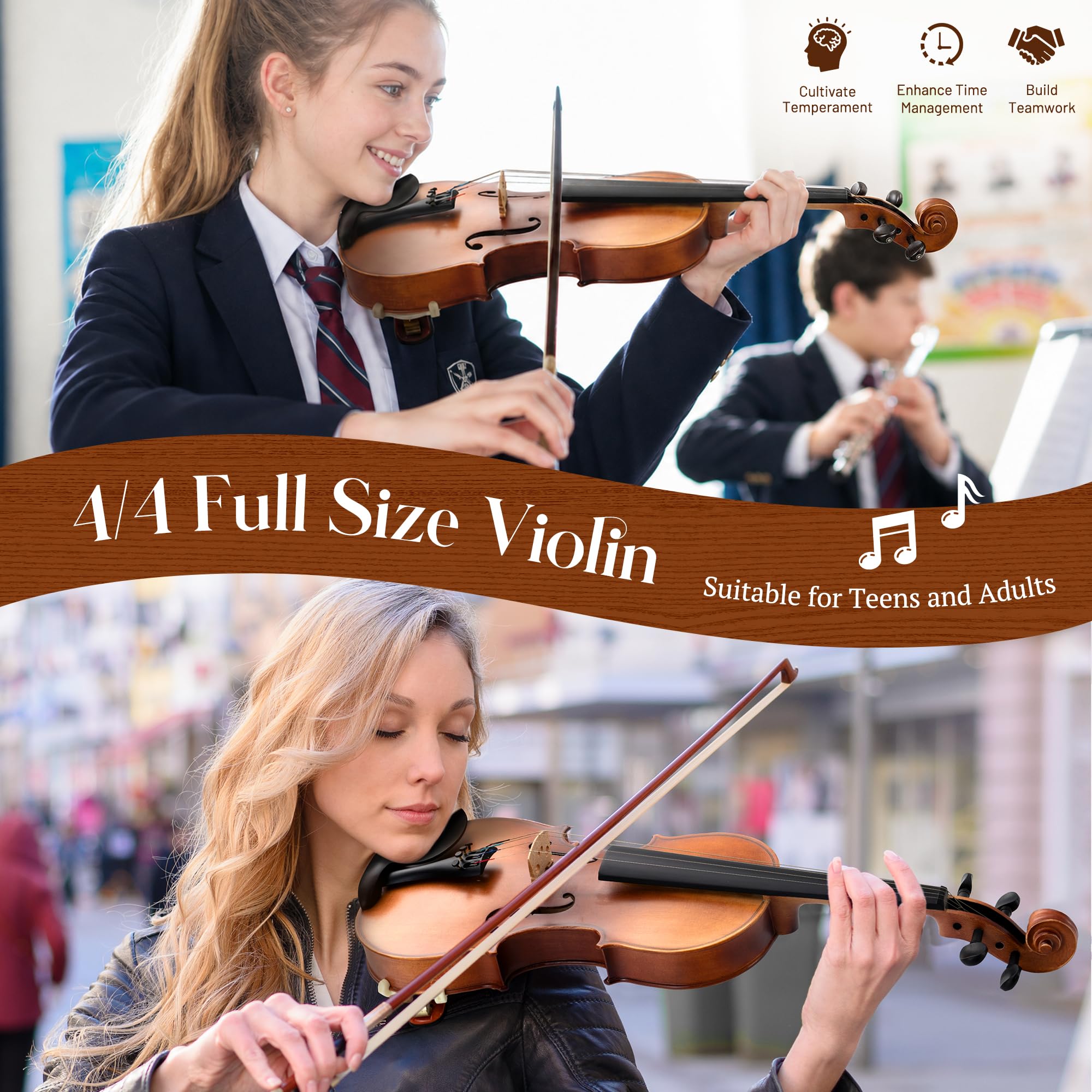 CAHAYA Violín 4/4 de Madera Maciza – Set Completo Hecho a Mano para Principiantes, Estudiantes y Adultos, con Estuche, Arco, Hombrera, Afinador y Resina
