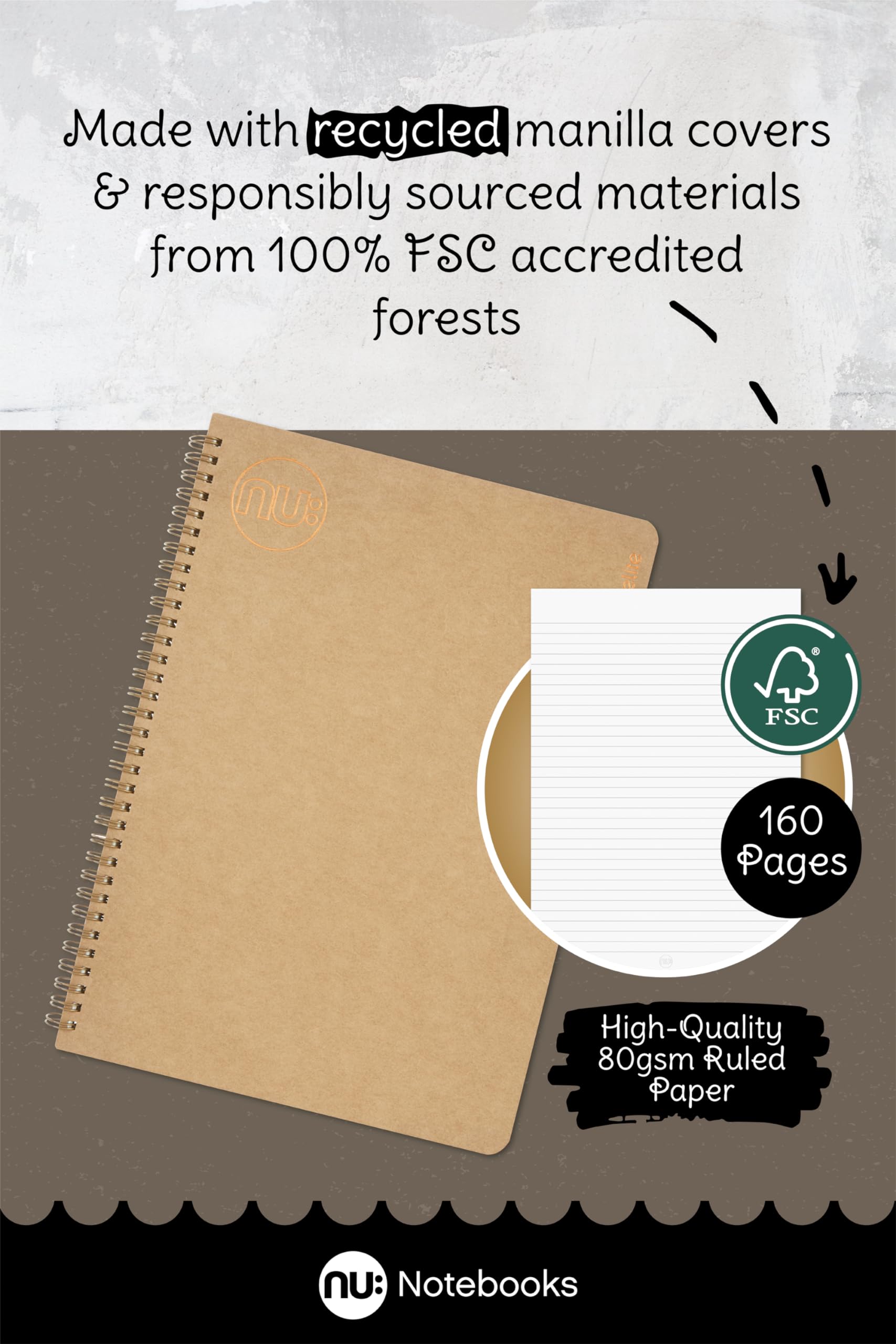 NU: Notebooks - Kraft Range - Manilla Wire Bound A4 Notebook - Stationery Notebooks - Professional Notepad - 160 Pages - Multipack of 3 - Image 2