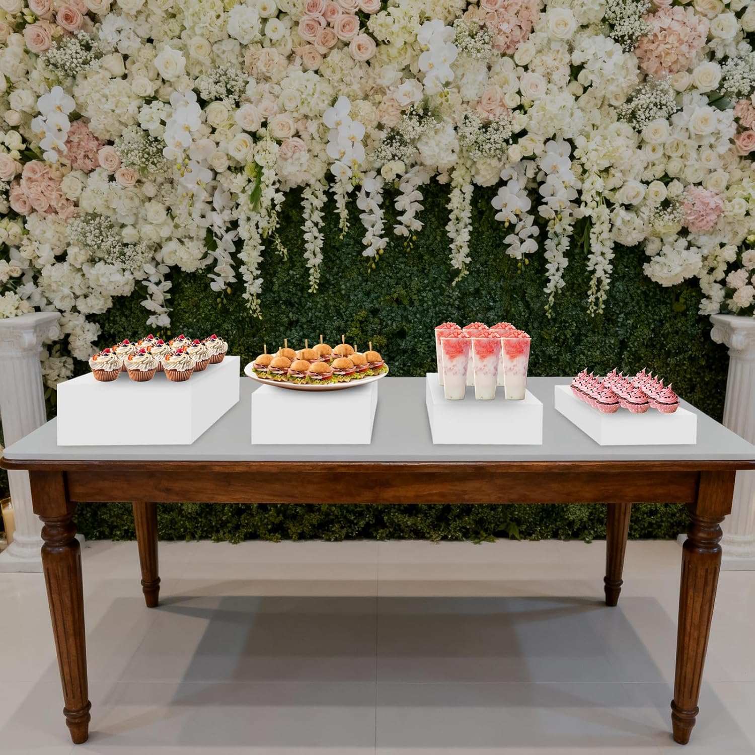 4PCS Acrylic Display Risers, Rectangular Food Risers for Buffet Table, Stackable Display Stand with Hollow Bottom for Cake Wedding Party, 4 Sizs - 17.7" 18.7" 19.7" 20.7"
