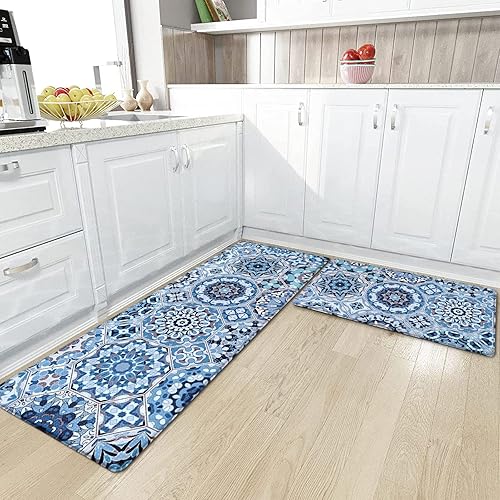 Miniatura 2 de Yinhua Tapetes de cocina bohemios azules para piso, 2 piezas, acolchados, antifatiga, juego de alfombras de cocina azules, tapete de cocina de