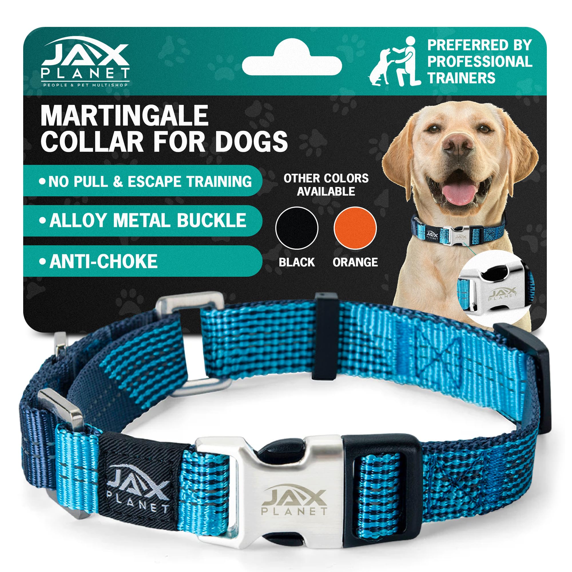Blue Martingale Collar for Dogs - Heavy Duty Nylon Pet Collars for Escape-Free, No Pull Training & Walking with Alloy Metal Release Buckle & Reflective D Ring, One Time Adjustment, Safe & Secure, C3