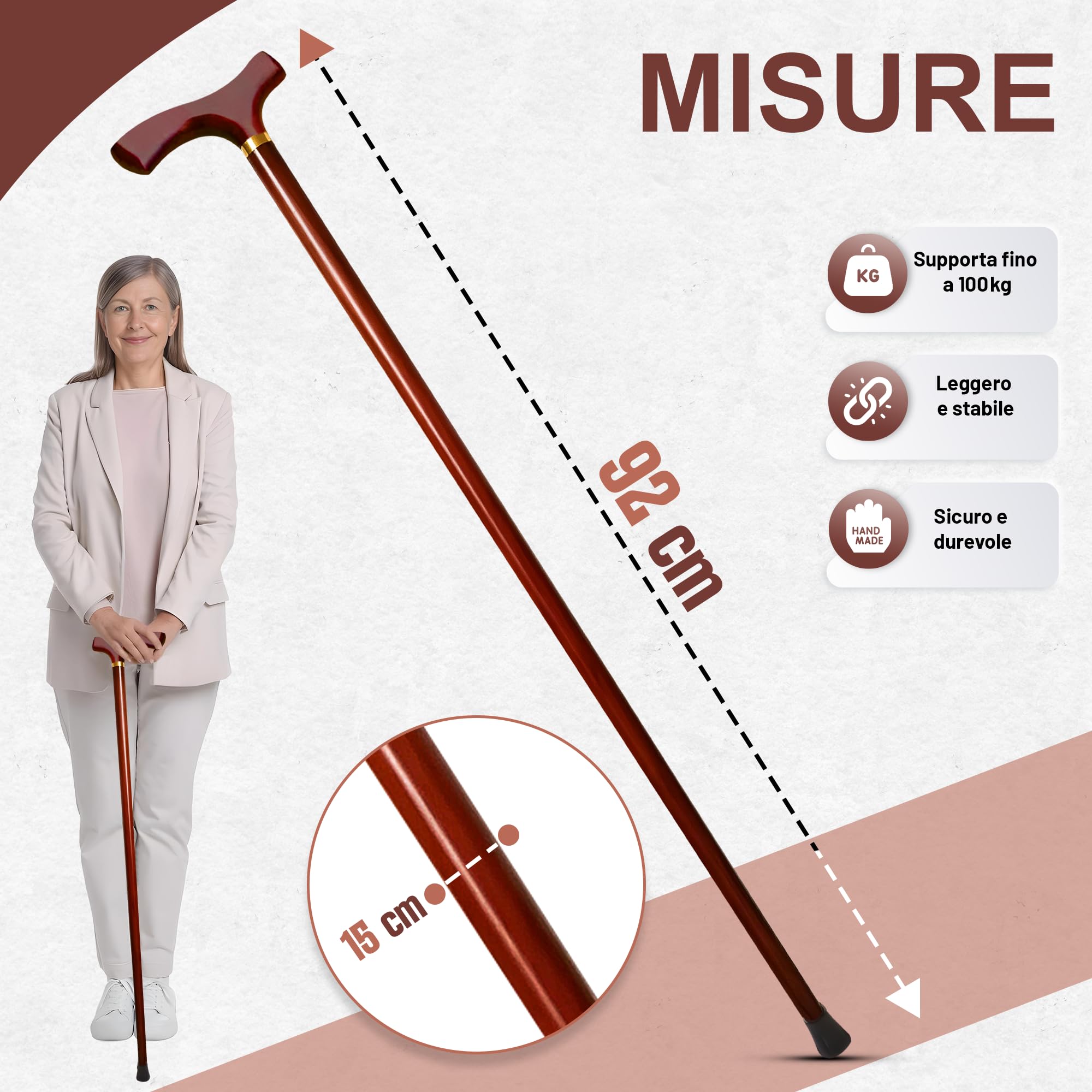 Bastone da Passeggio in Legno per Tutte le Età con Manico Tondo da 92 cm | Per Altezze da 1,70 a 1,85 m | Bastone per Uomo e Donna Robusto, Stabile