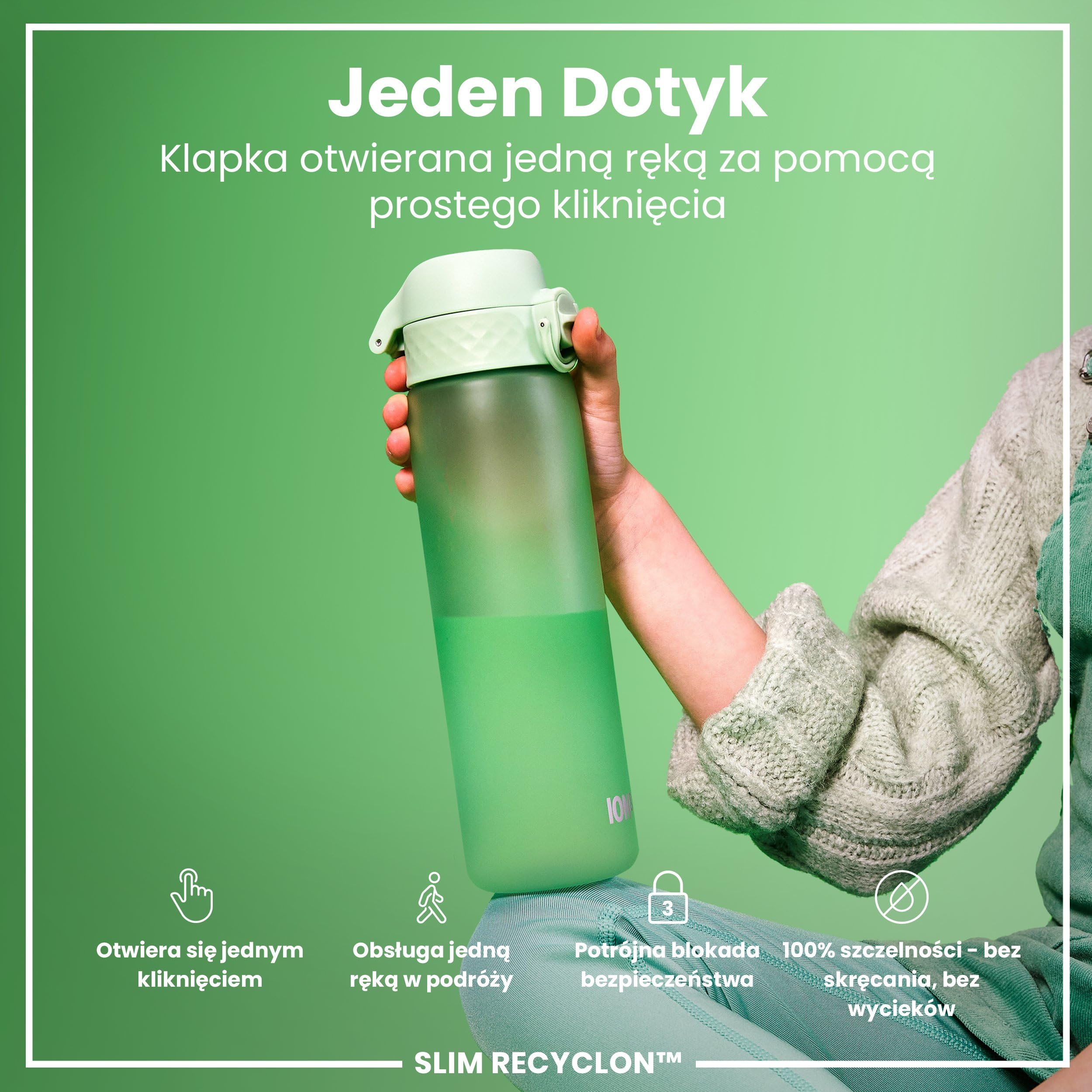 ION8 Butelka na Wodę, 500 ml/18 oz, Szczelna, Łatwe Otwieranie, Bezpieczny Zamek, Można Myć w Zmywarce, Bez BPA, Higieniczne Pokrycie, Uchwyt do Przenoszenia, Łatwa Czyszczenie, Bezwonny, Zielony Surf