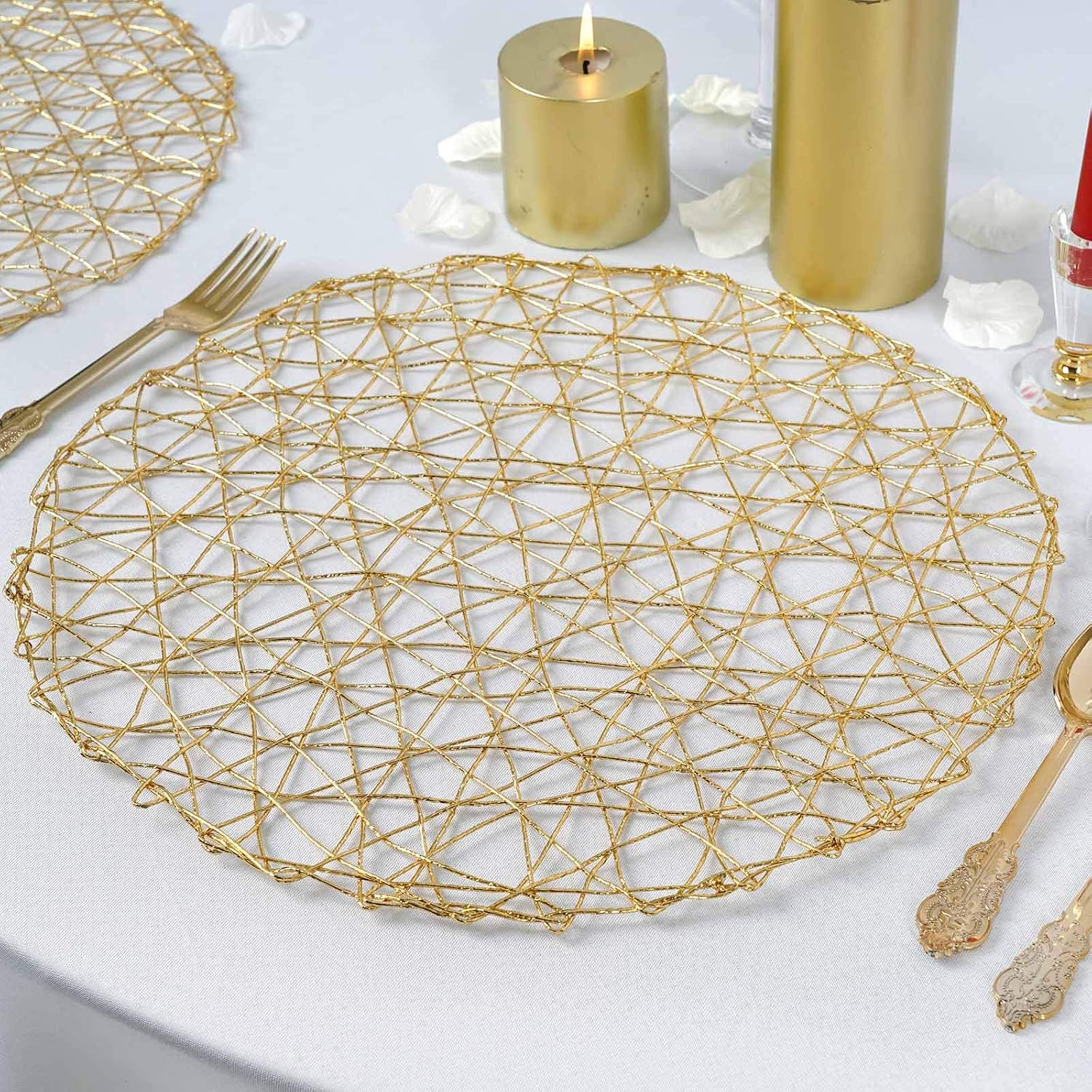 TigerChef 15" Round Woven Metallic Foil Shining Placemats, Charger Plates (Gold, 6)