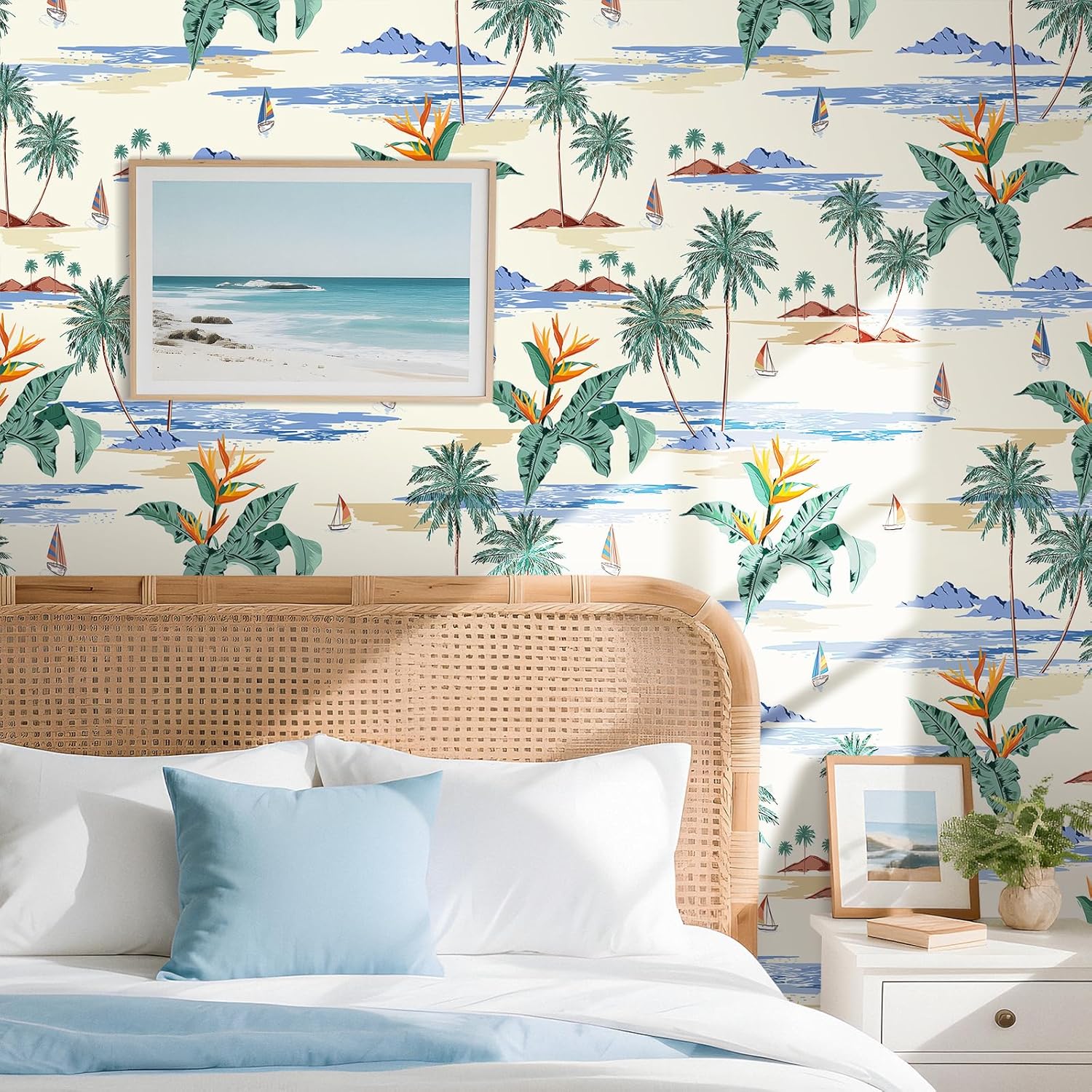 YENHOME 17.5"X276" Island Beach Peel and Stick Wallpaper Beige Background Palm Trees Wallpaper Self Adhesive Wall Mural Beige Sailboat Tropical Contact Paper Removable Wall Paper for Bedroom Bathroom