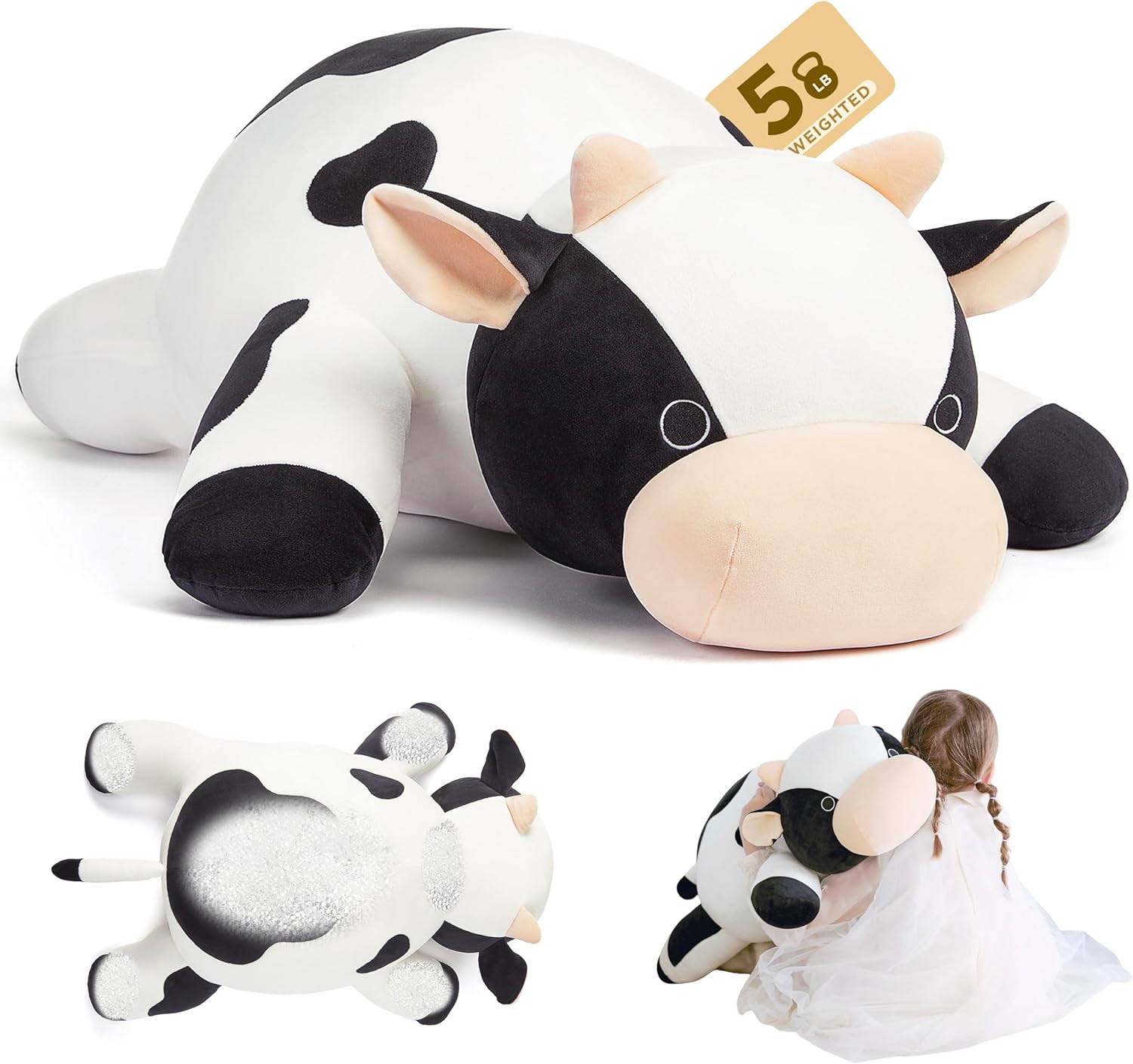 IKASA 5 lbs Weighted Stuffed Animal Cow Plush Toy,26 inches Giant Large Big Jumbo Soft Toys, Huge Size Cute Fluffy Heavy Fat Oversized Plushie,Gifts for Girls Boys