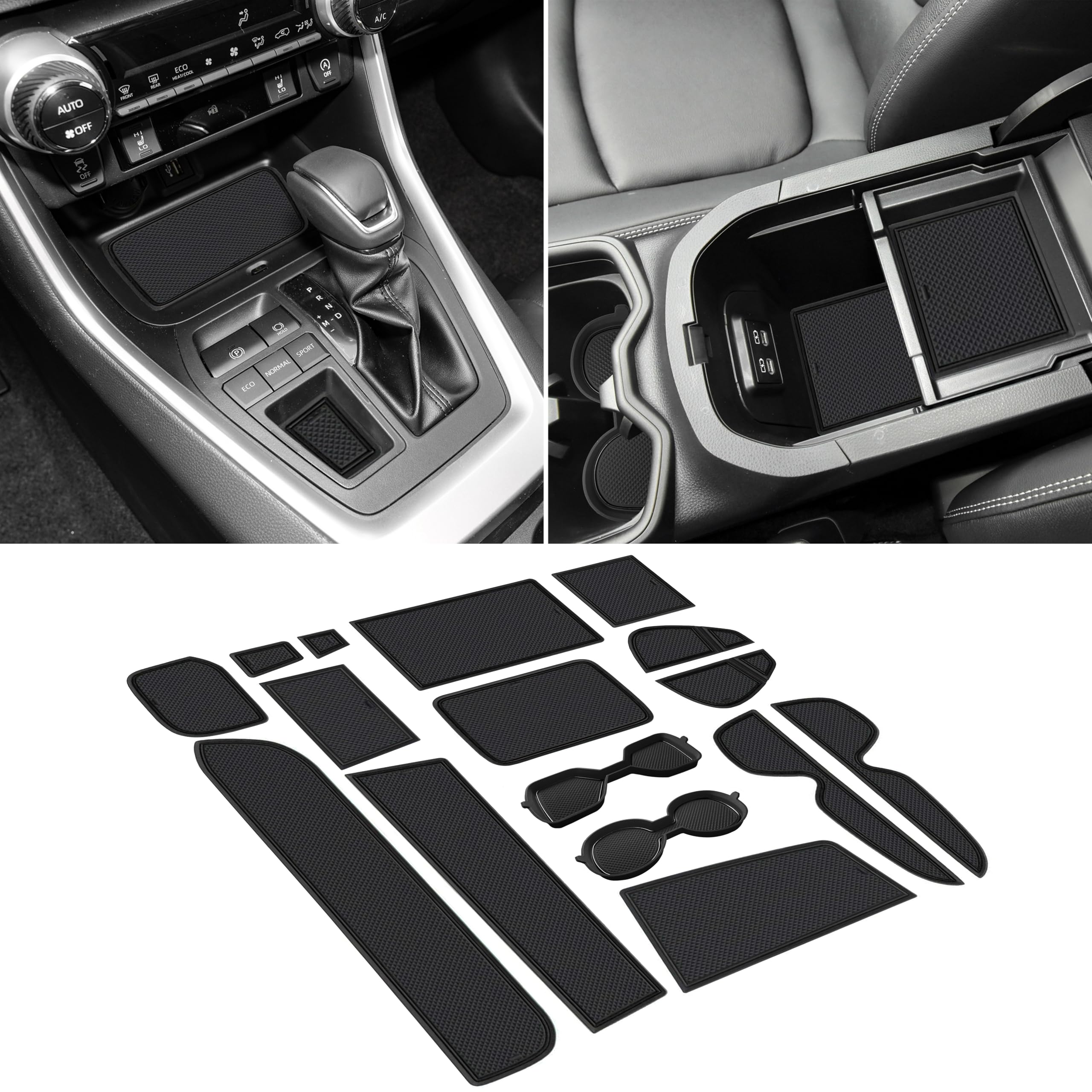 SENSHINE 3D Cup Holder Insert for Toyota Rav4 Accessories 2019-2023 2024 2025 Center Console Liner Door Pocket Mats Non-Slip Anti Dust Pad Premium Interior 16 Pcs (Black Trim)