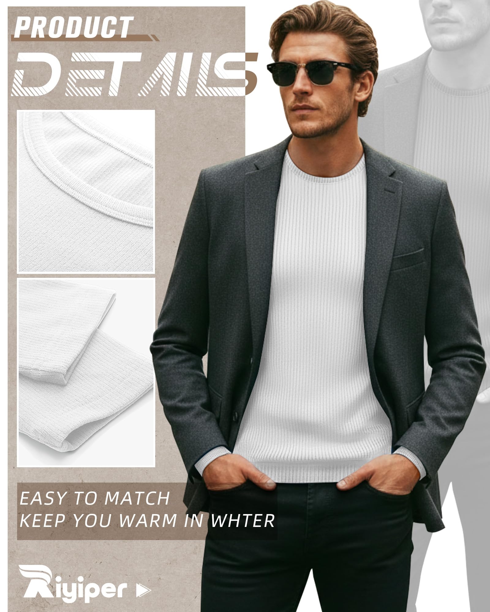Riyiper Pack de 3 Camisetas Térmicas Acanaladas para Hombre Cuello Redondo Manga Larga Camiseta Interior Ajustada de Invierno