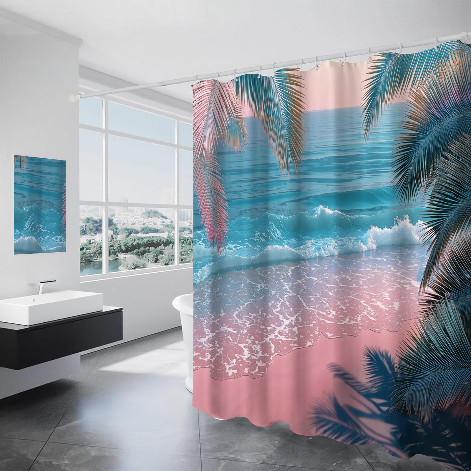 Rideau Douche,Rideau Baignoire Lavable en Machine Rideaux Douche Tissus Lavable Rideau De Baignoire Lavable pour Salle De Bain Domicile Baignoire Famille,Plage De Coconut Tree,