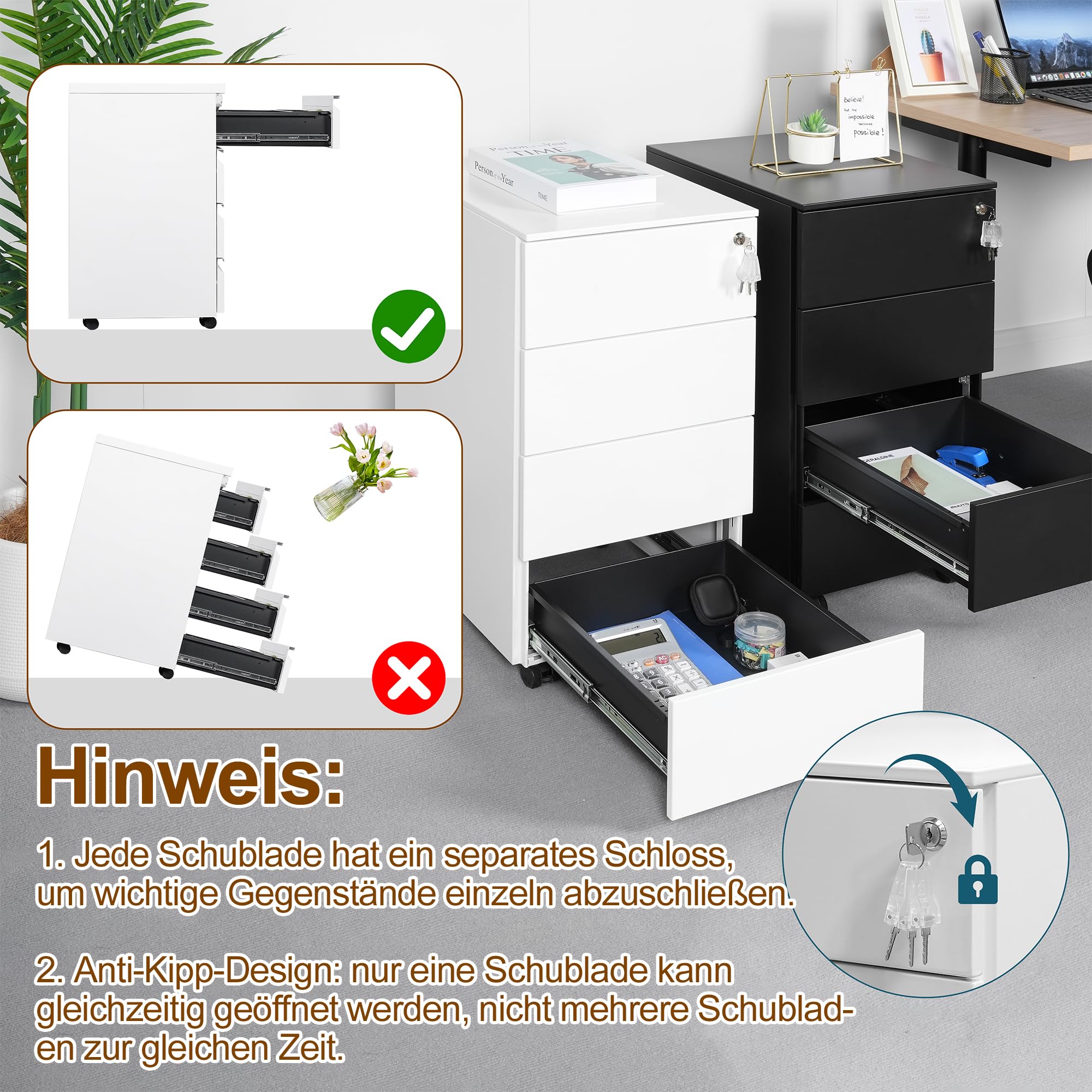 Rollcontainer, Mobiler Aktenschrank mit Schloss, 4 Schlüssel, 4 Schubladen, Metallschrank, Bereits Vormontiert, für Büro, Heimbüro, Weiß