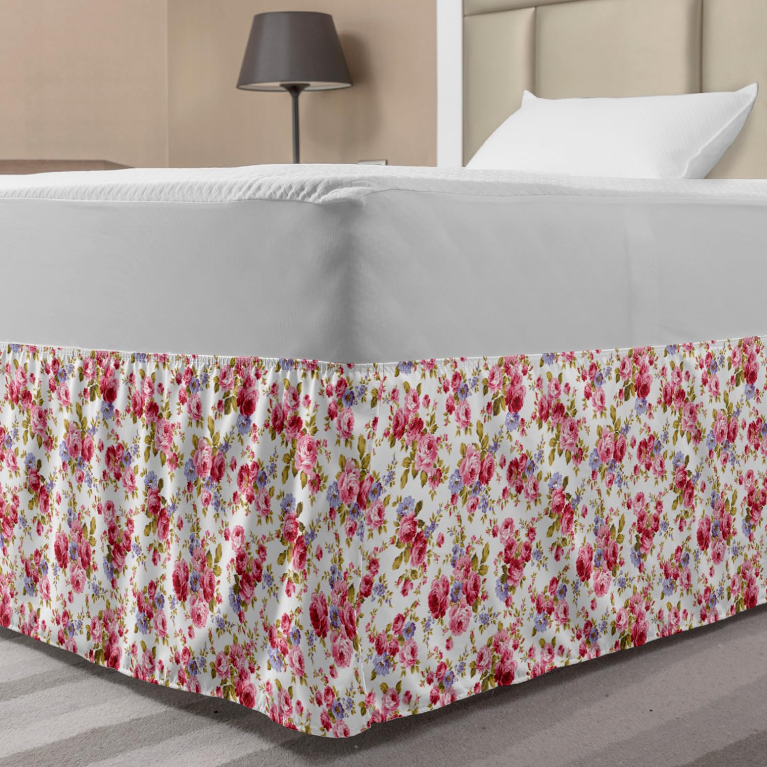 Lunarable Flower Elastic Bed Skirt Rose Flower Pattern Passion Shabby Style Love Wedding Celebration Themed Wrap Around Fabric