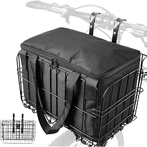 Zacro Bike Basket Front, Folding Bicycle Basket with Removable Liner Bag, Large Quick Release Design Metal Ebike Basket for Adult Women/Men Carrying Dogs, Pets, Fruit & Grocery