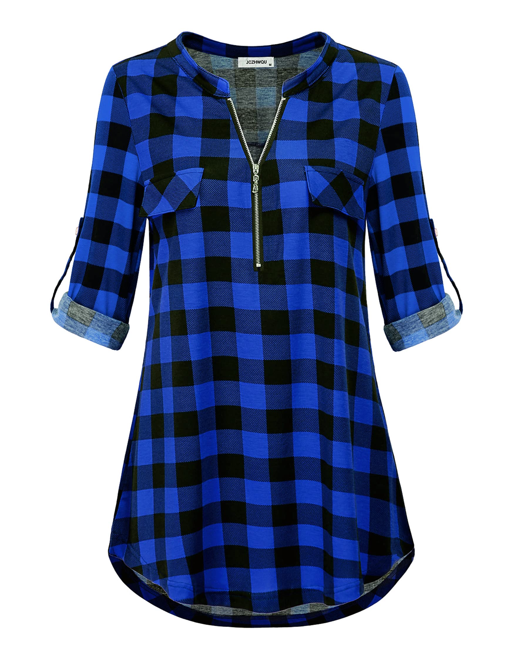 JCZHWQU Women's Zip Up V Neck 3/4 Rolled Sleeve Casual Tunic Shirt