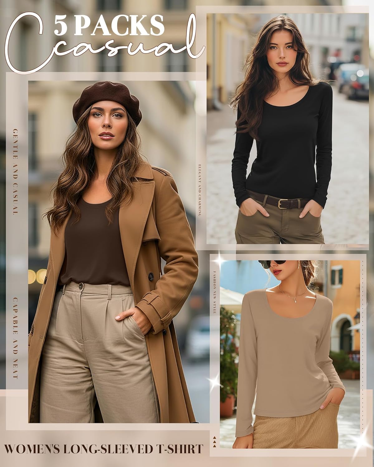 5 Pack Women's Long Sleeve Shirts Scoop Neck Tops Loose Fit Tshirt Pullover Undershirt Basic Fall Layer Casual Tee - Image 5