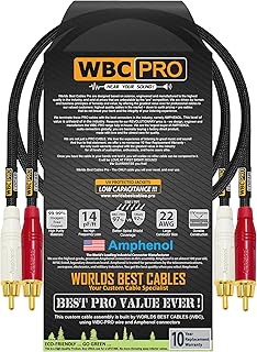 2 Foot RCA Cable Pair - WBC-PRO-LOCAP Low-Capacitance (14pF/ft) 22 AWG Ultra-Silent Audiophile & Professional-Grade Audio Interconnect Cable with Amphenol ACPR Gold RCA Plugs & Black Tweed Jacket