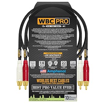 2 Foot RCA Cable Pair - WBC-PRO-LOCAP Low-Capacitance (14pF/ft) 22 AWG Ultra-Silent Audiophile & Professional-Grade Audio Interconnect Cable with Amphenol ACPR Gold RCA Plugs & Black Tweed Jacket