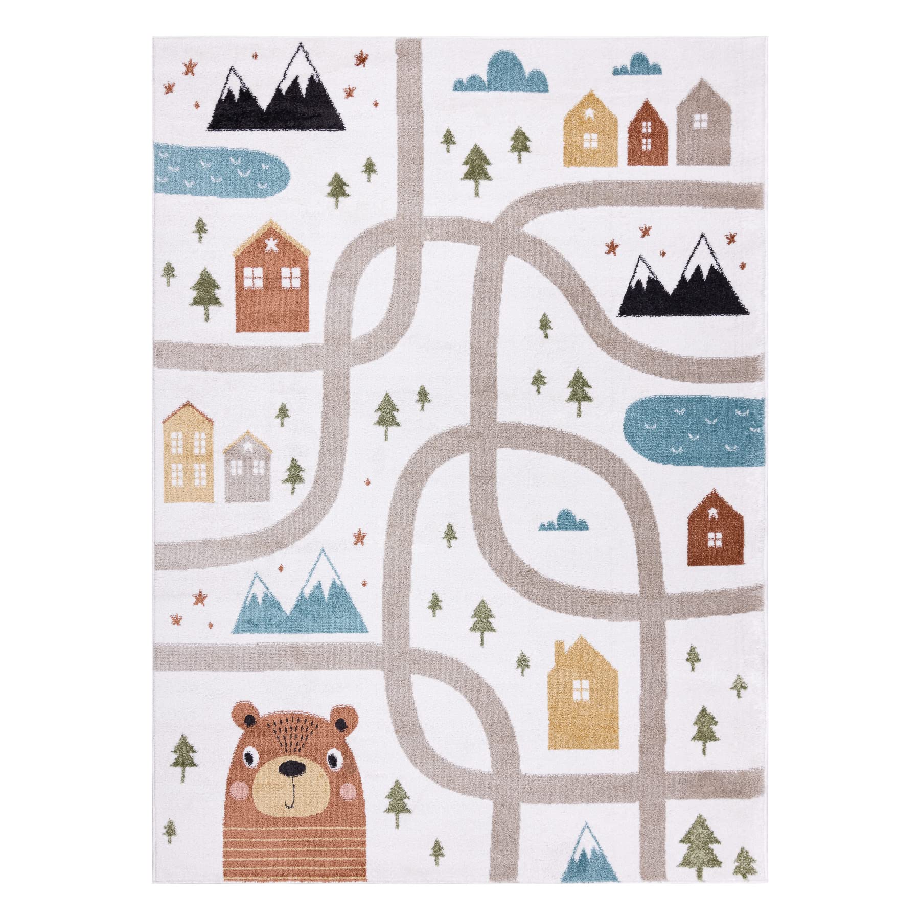 rugsx Tappeto bambini FUN Polar moderno, per la stanza del bambino, tappeti da gioco, camera dei bambini, design originale, Strade, Foresta, crema 200x290 cm