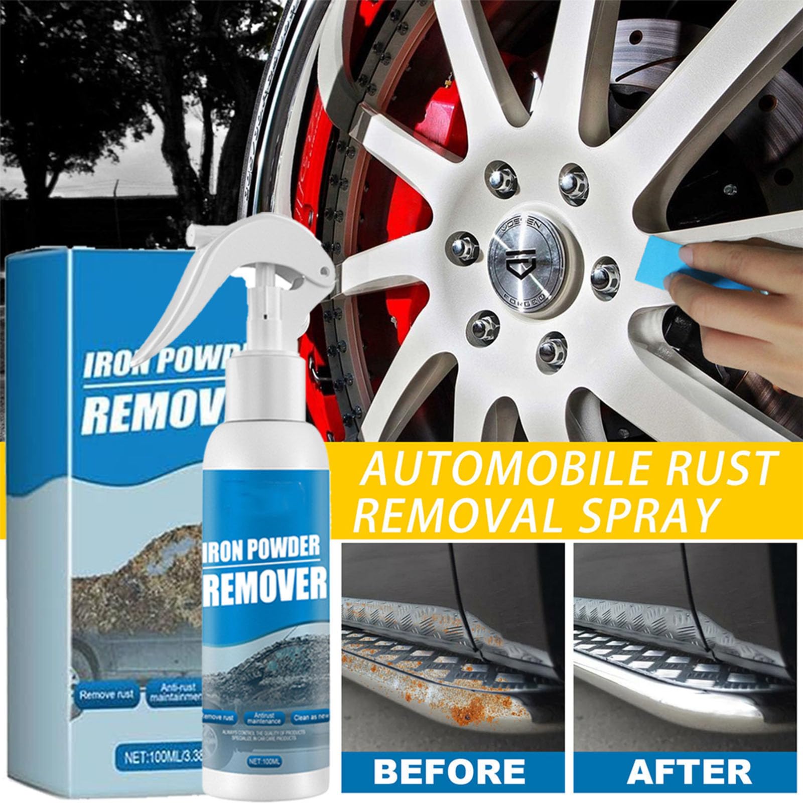 Iron Powder Cleaner Spray for Car Wheels, Multi-Surface Metal Stain Cleaner for Tools & Hardware, Iron Fallout for Automotive Detailing, 100ml (3pcs)