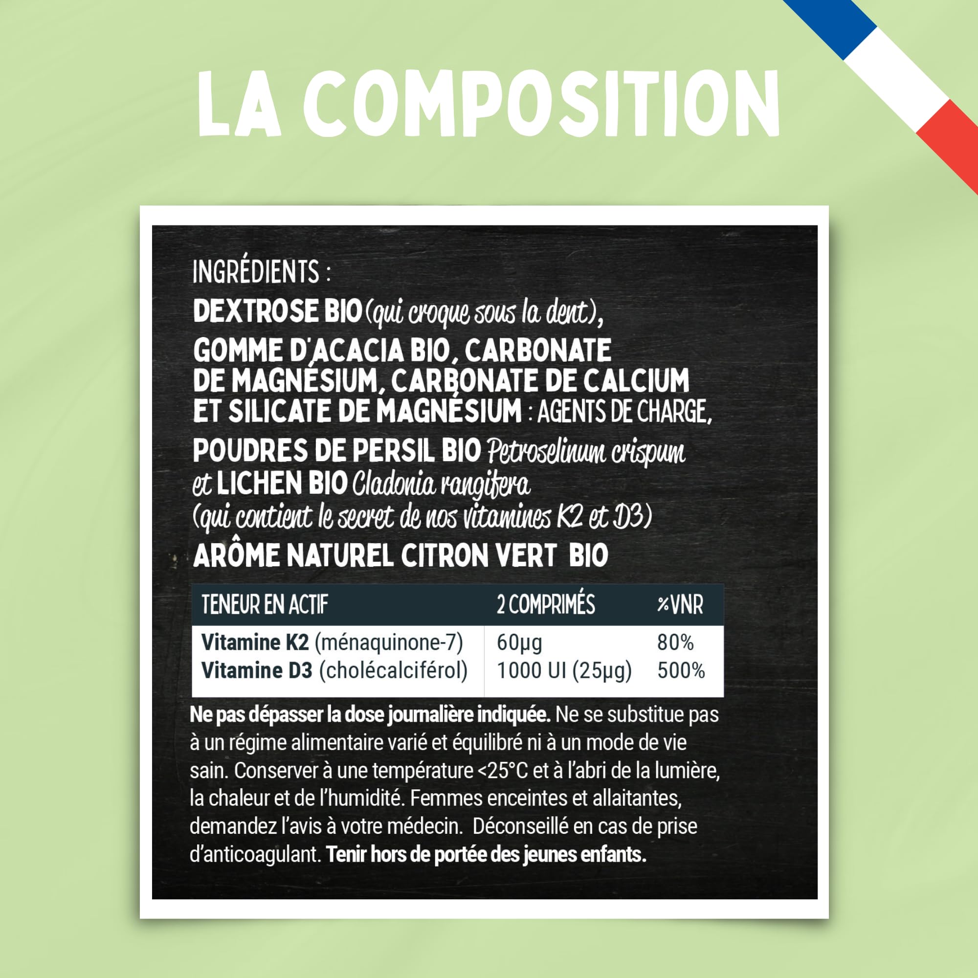 La K2-90 Comprimés à Croquer Citron Vert - Os, Dents & Immunité - Calcium - 45 Jours