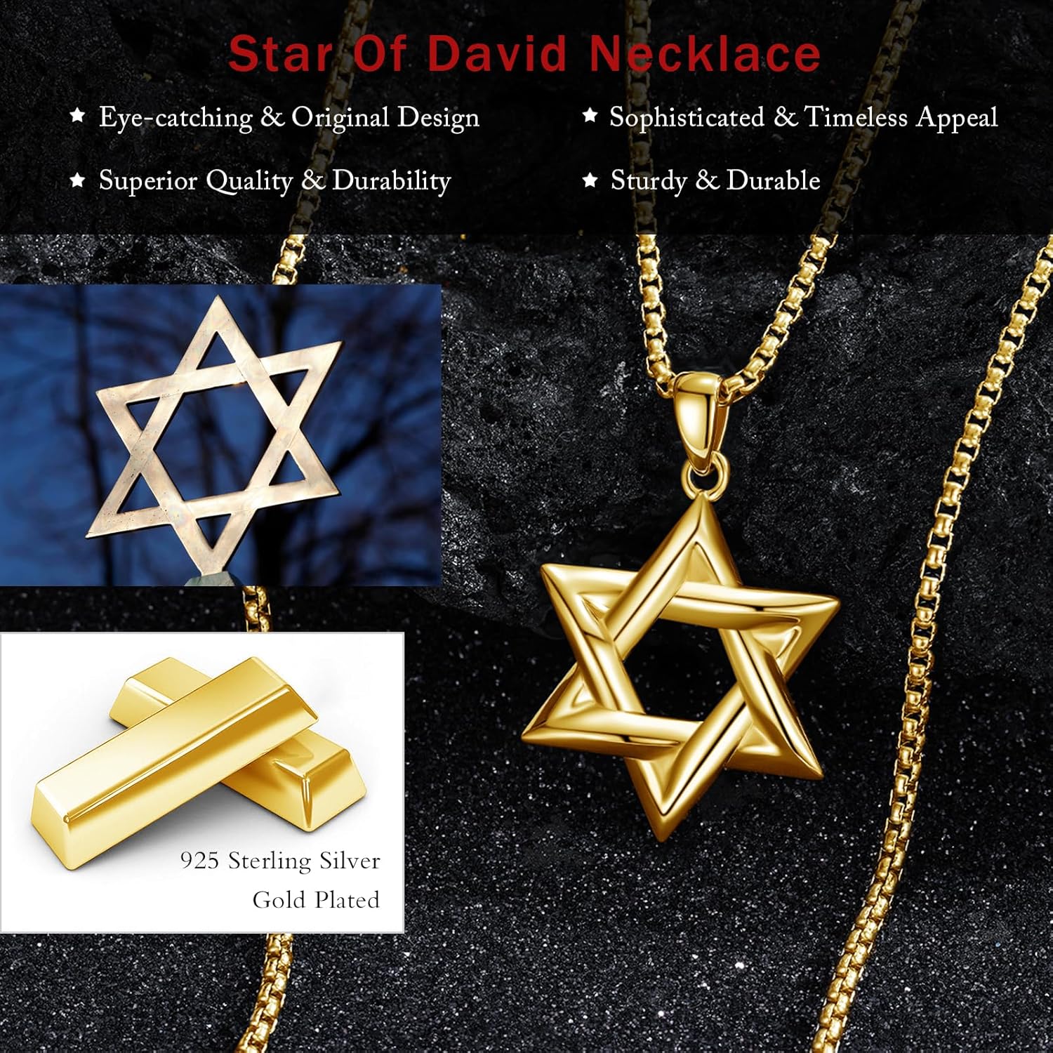 925 Sterling Silver Star of David Necklace with Stainless Steel Round Box Chain 22" + 2" - Image 3