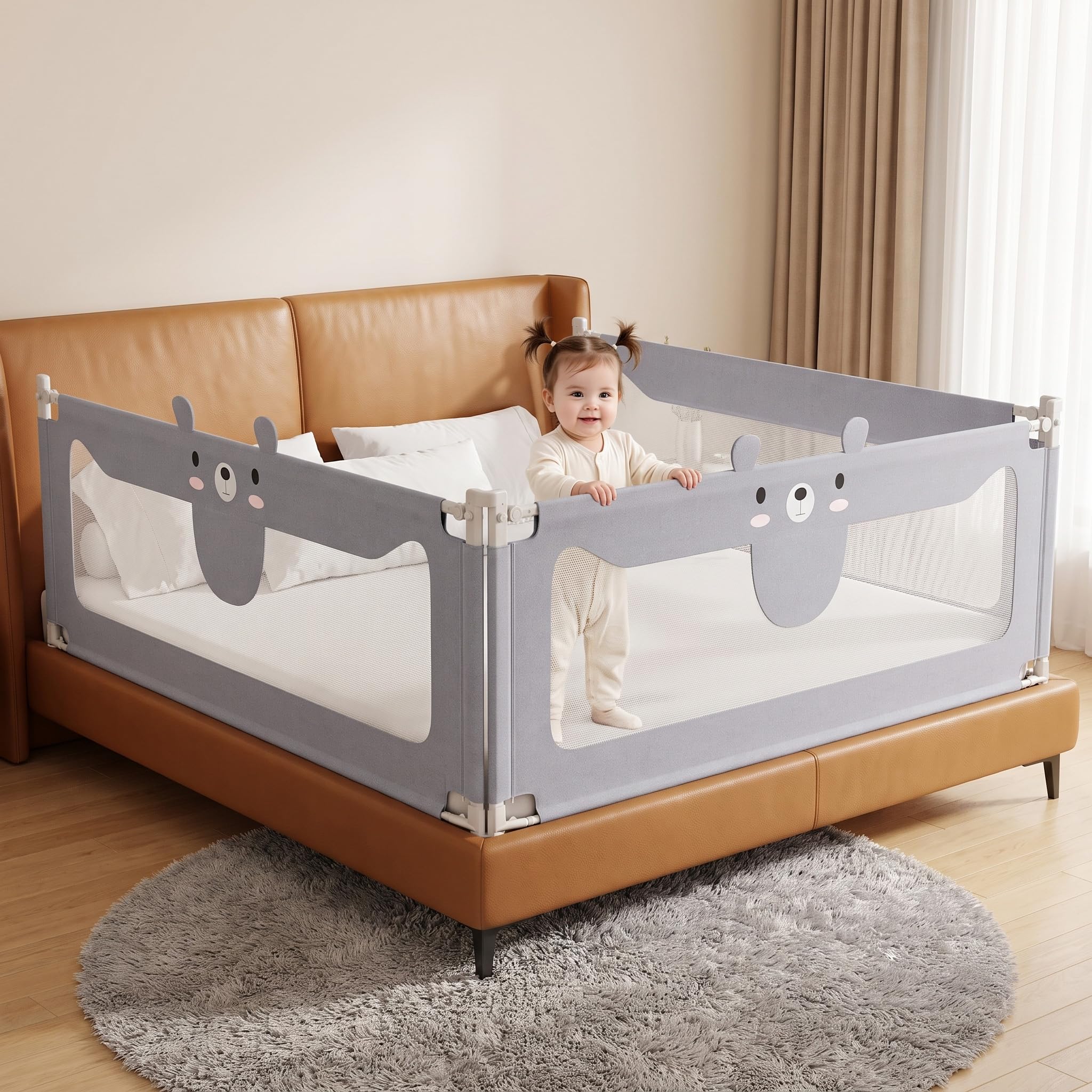 NAIZY Barrera de protección para cama de bebé, contra caídas, 180 cm, ajustable en altura, para todo tipo de colchones, para camas de niños, camas de padres, camas de madera maciza, gris