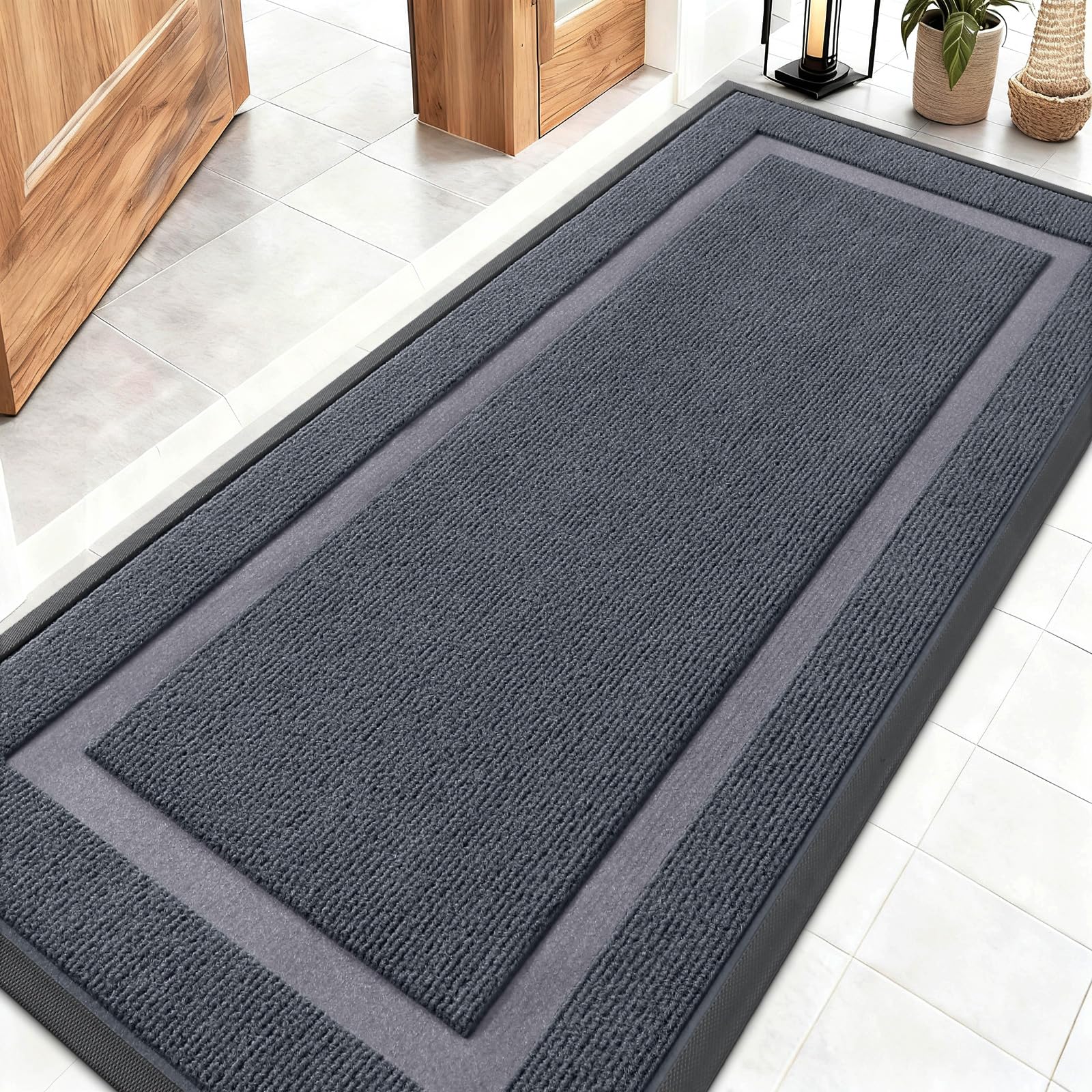 OLANLY Front Door Mat Indoor Outdoor Entrance, Waterproof All-Season, All-Weather Doormat, Sturdy Natural Rubber, Fade Resistant, Low Profile, Easy Clean Patio Porch Entryway Mat, 59x24, Light Grey