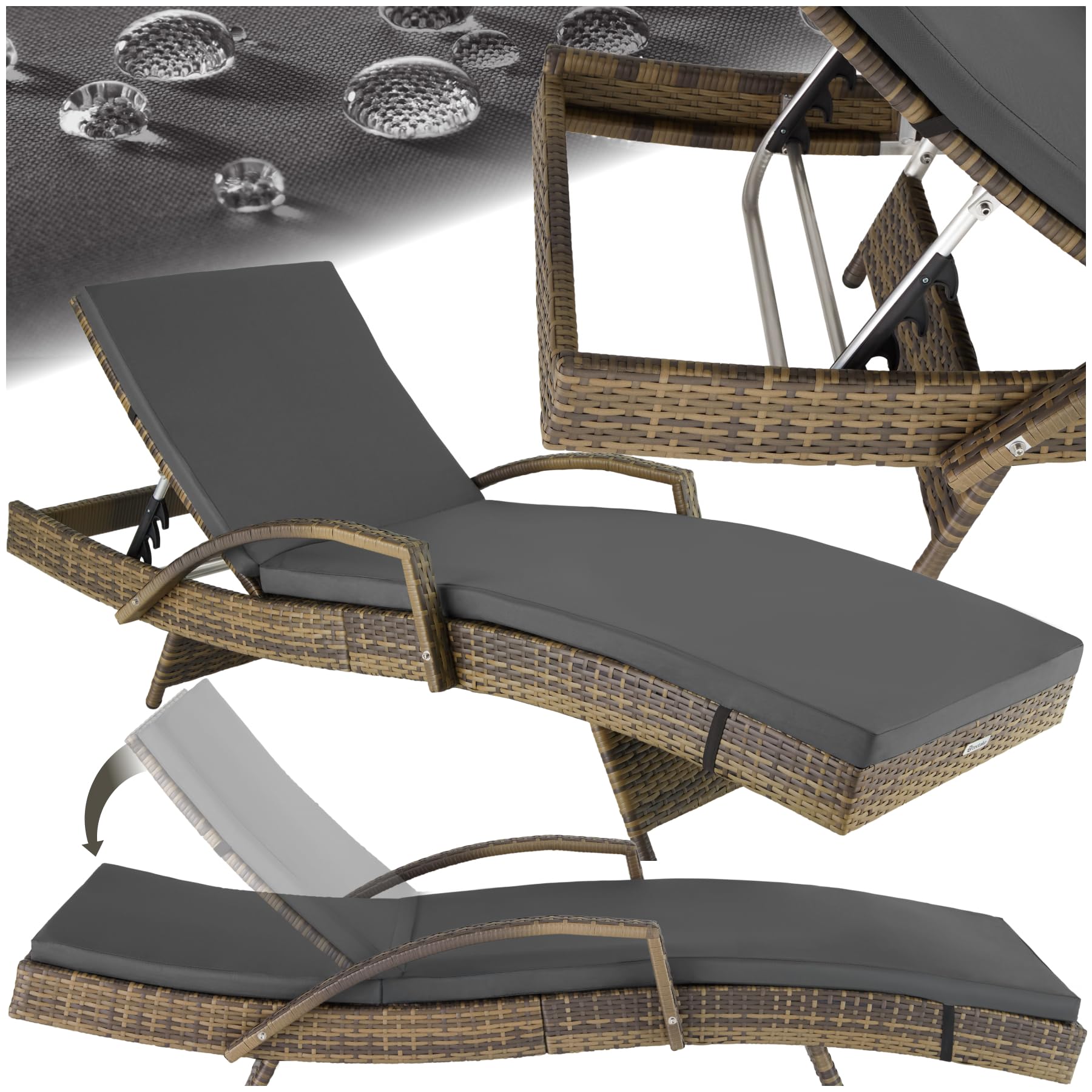 Lettino Prendisole In Rattan TecTake - Schienale Regolabile 5 Posizioni, Cuscino Incluso | Portata 150 Kg - Foto 5