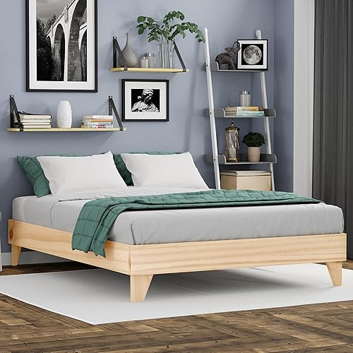 eLuxurySupply Marco de cama de plataforma de madera tamaño matrimonial, natural, perfil bajo, no necesita somier, fácil montaje, estilo minimalista