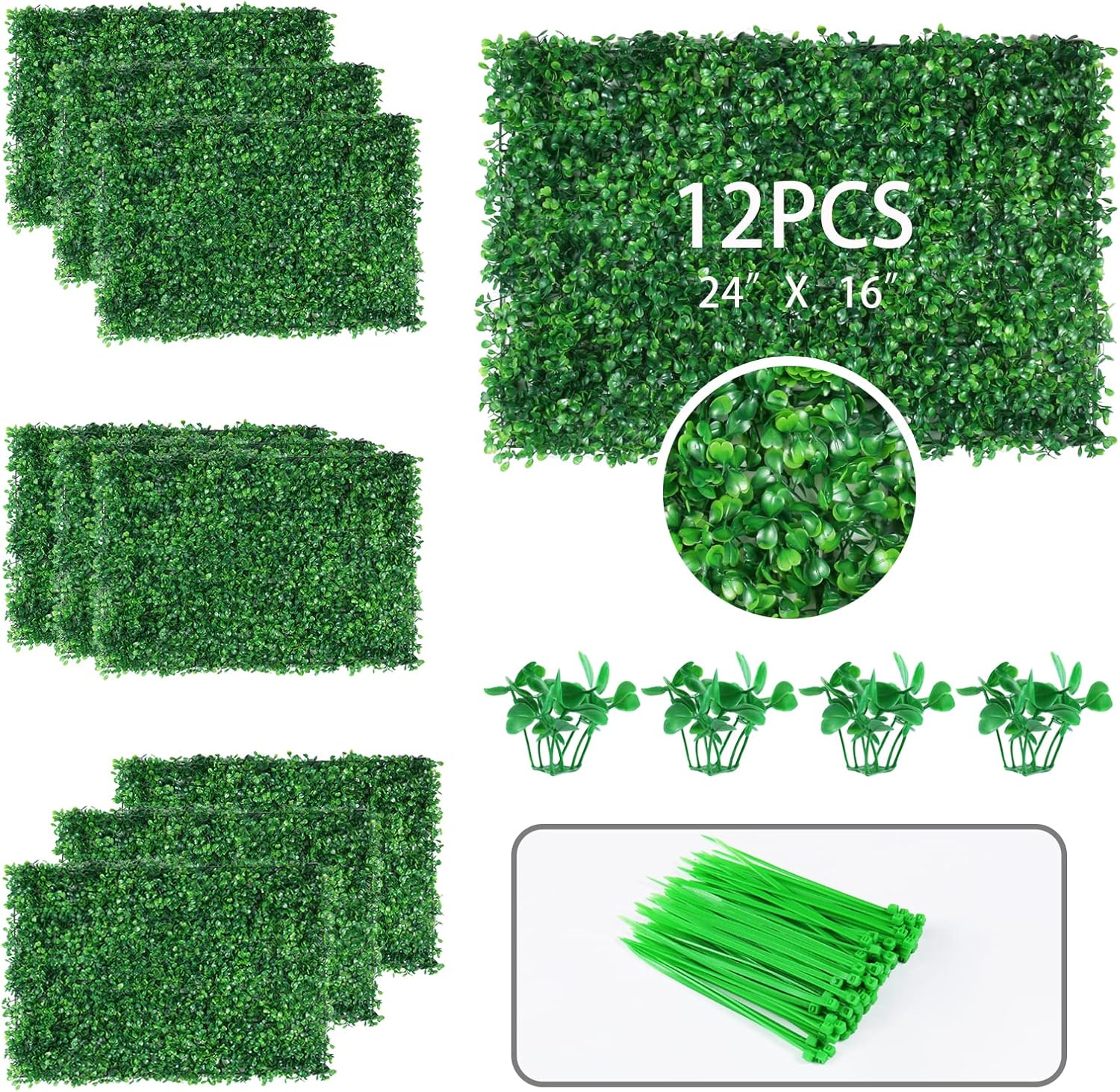 12PCS Artificial Boxwood Grass Wall Panels for 31 SQ Feet, 24" x 16" Faux Hedge Grass Backdrop Wall Privacy Fence UV Protection for Indoor, Wedding, Party, Outdoor, Backyard Fence Decoration 12Pcs 24"x 16"