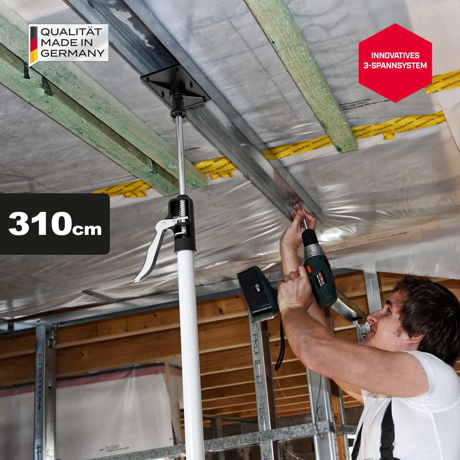 2x MULTISPANN® Montagestütze 133-310cm - Max. 80kg - Made in Germany - Deckenstütze, Einhandstütze und Baustütze mit innovativem 3-Spannsystem - Für Handwerk und Industrie - MS-MS80-310
