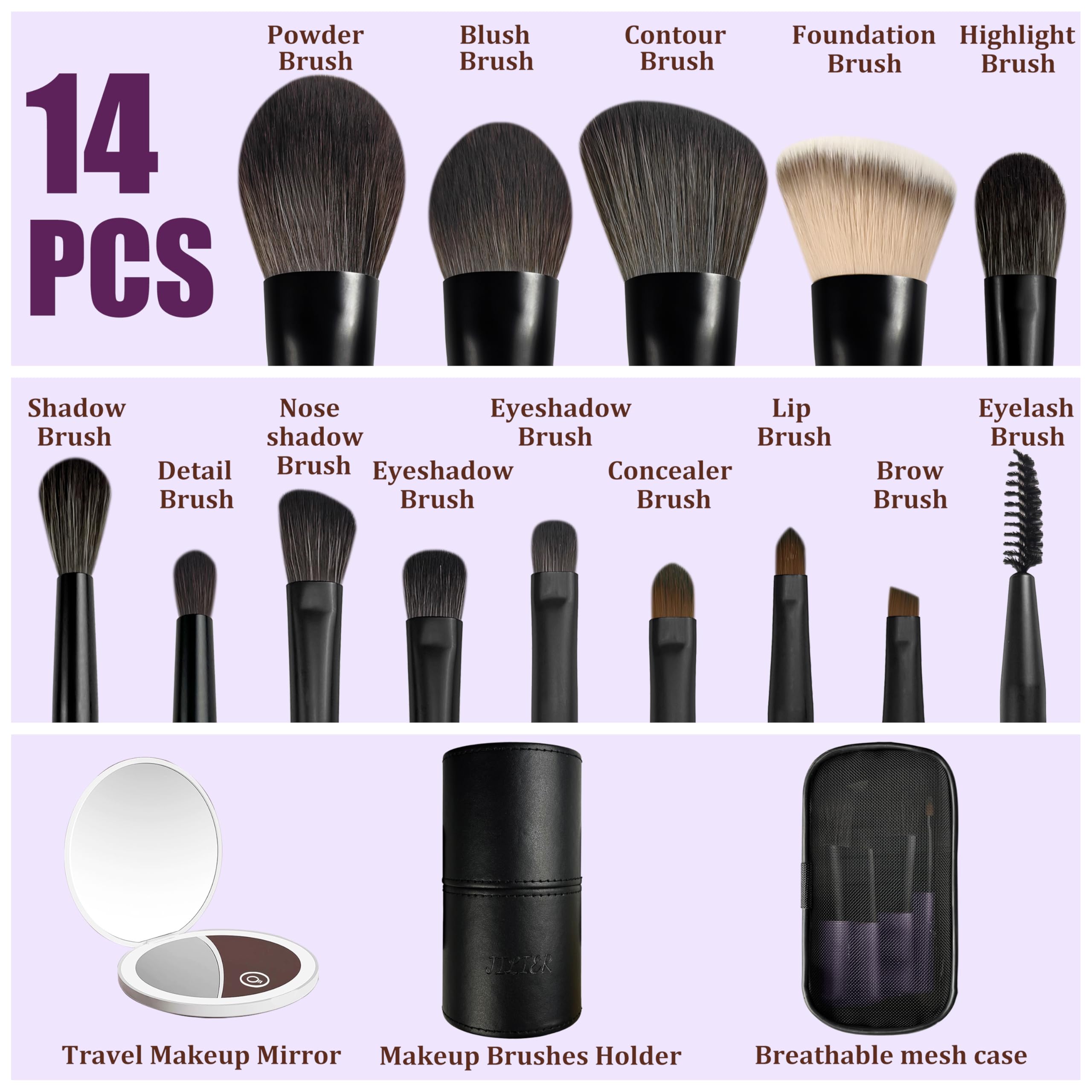 Jilier 14pcs Mini Make-up Pinsel und Taschenspiegel, Reise Make-up Pinsel Set, LED Kompaktspiegel mit Licht, Reisegröße mit Etui, Tragbar für Handtasche, Reiseutensilien für Frauen