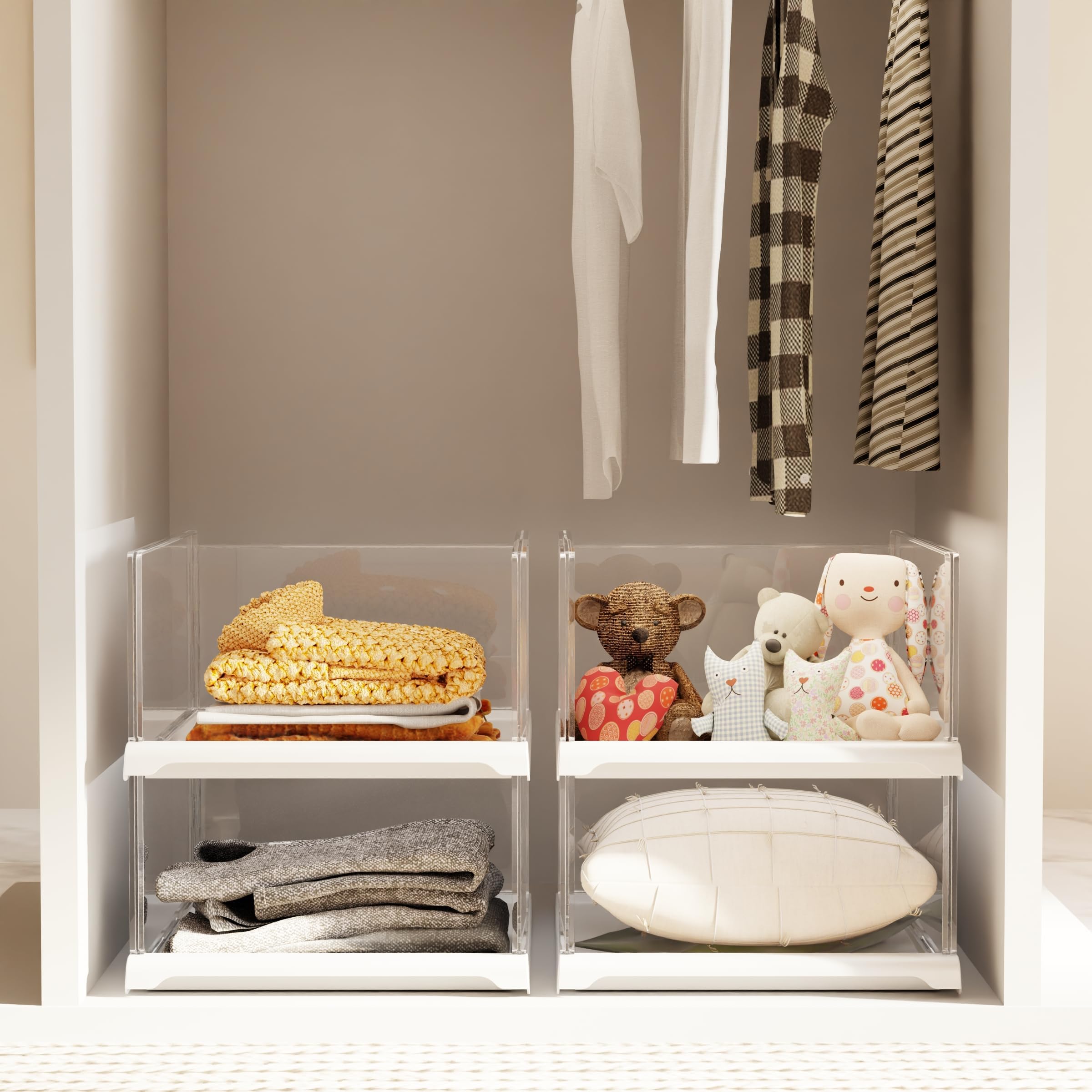 Vaela 4 Pack Stackable Closet Organizers and Storage Shelves,Transparent Multifunctional &Foldable Sweater Storage for Closet, Bathroom, Kitchen, Cupboard, Laundry Room, and Office