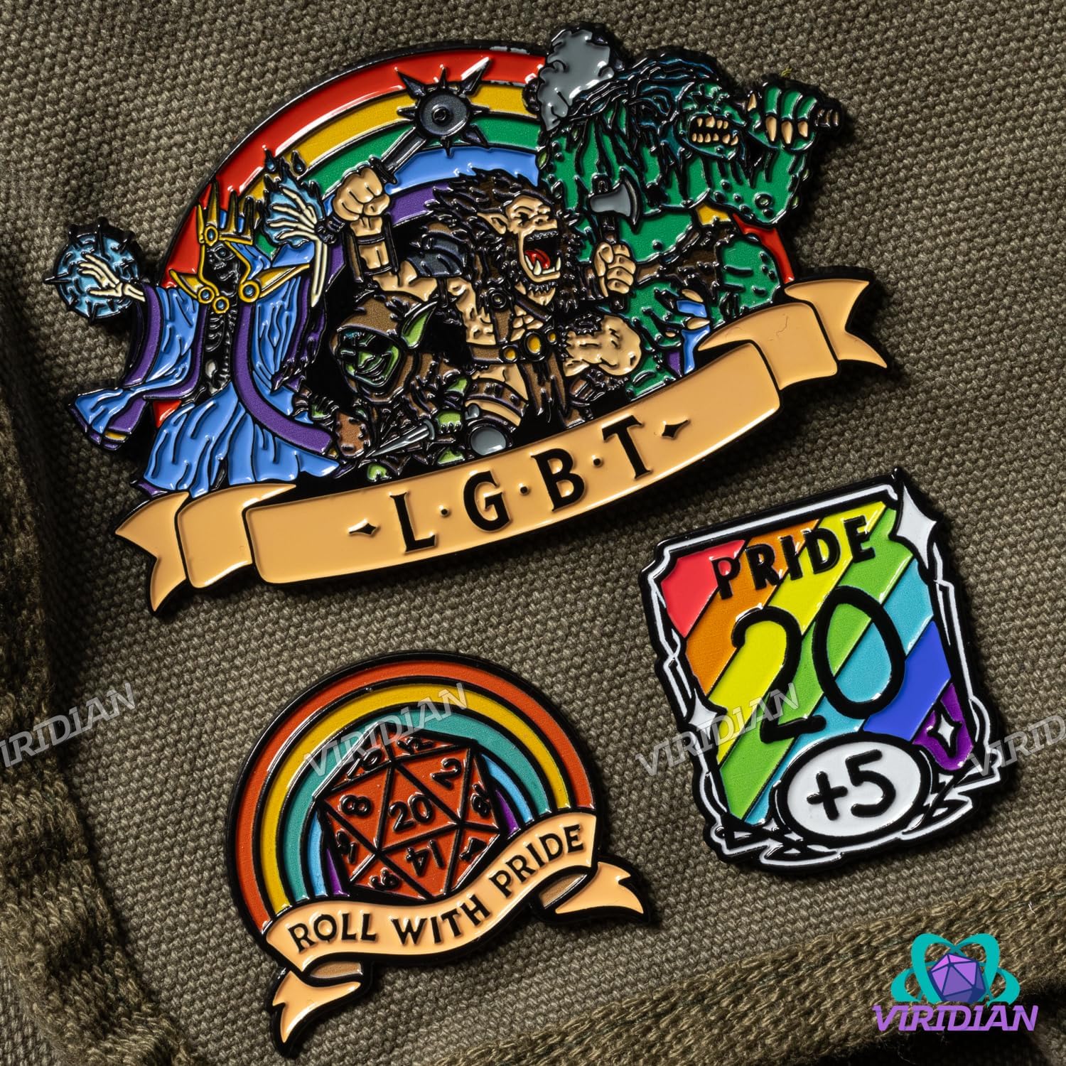 TTRPG/D&D Pride-Themed Enamel Pins (Set of 3), LGBT (Lich Goblin Bugbear Troll), Roll With Pride™ Rainbow, Rainbow Dnd Stat Block, Soft Enamel, 1.4-3.25 Inch Sizes, Metal