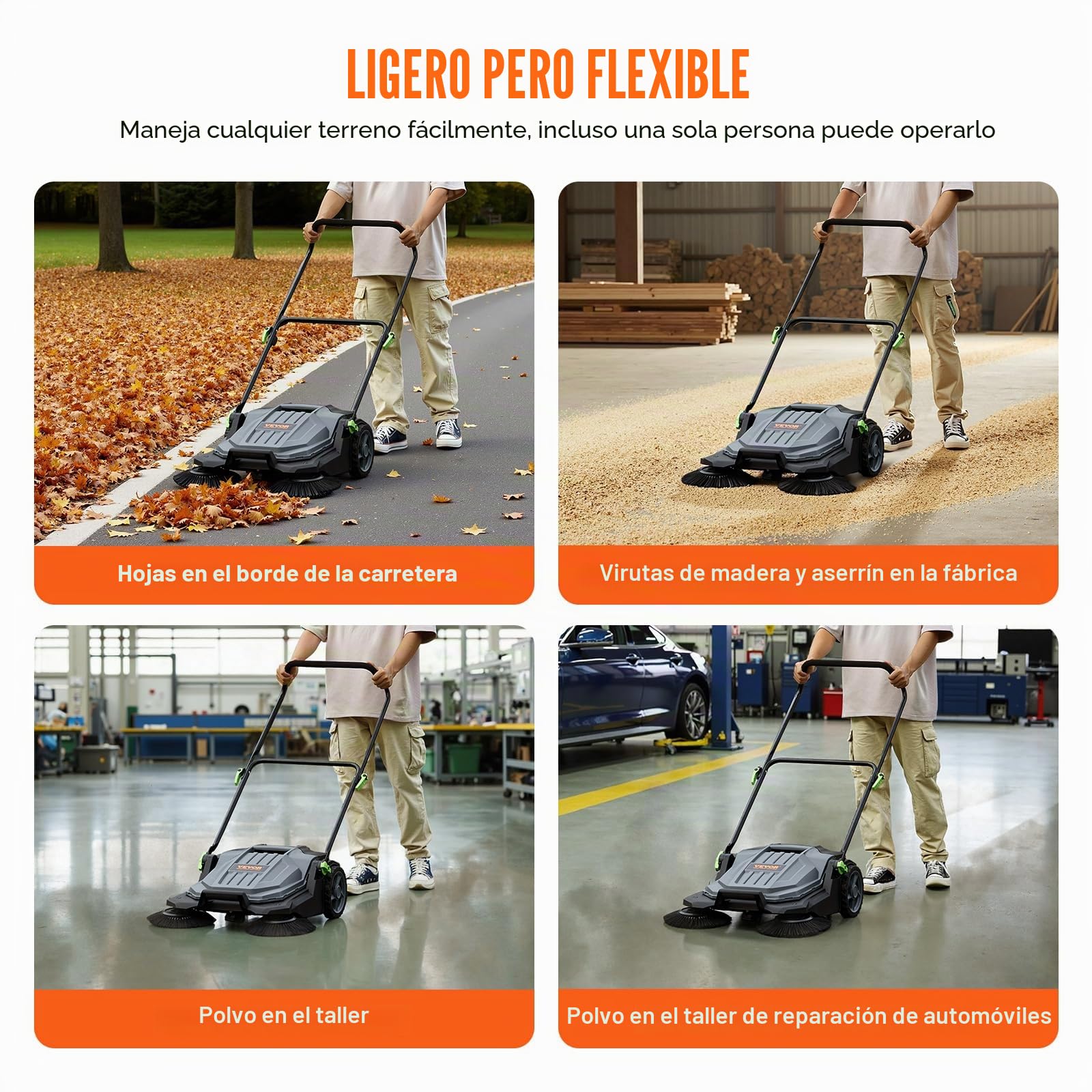 VEVOR Barredora de Suelo de Empuje, Barredora Mecánica, Ancho de Barrido 65 cm, Escoba Manual, Contenedor de Residuos 18.9 L, Mango Plegable Ajustable en Ángulo y Altura, para Jardines, Garajes