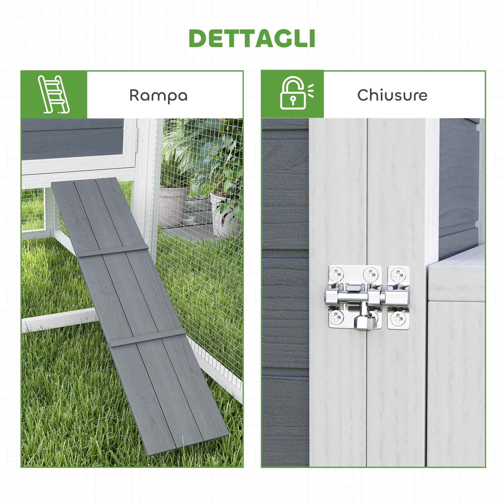 PawHut Pollaio per Galline Ovaiole Esterno con Casetta, Nido per Cova, Tetto Impermeabile Apribile, Vassoio Estraibile, Porte, Gabbia Recinto per 2-4 Galline Conigli in Legno, 214x101x91.5cm, Grigio