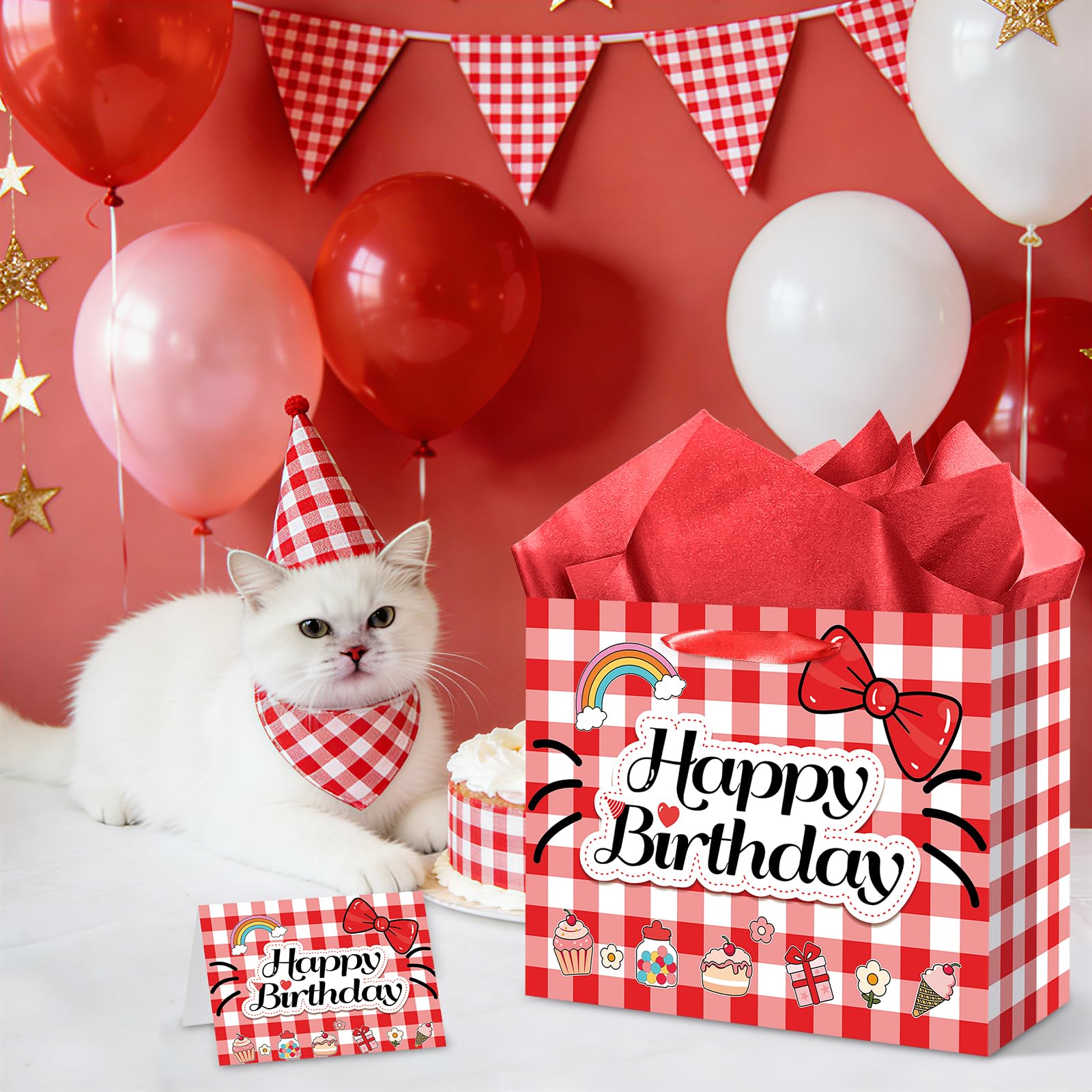 Red Gingham Cat Gift Bag Kawaii Cartoon Birthday Bag with Greeting Card & Tissue Paper - Rainbow Bowknot Cherry Sweet Party Favor Bag for Girls, Kids, Baby Shower, Picnic Party Supplies