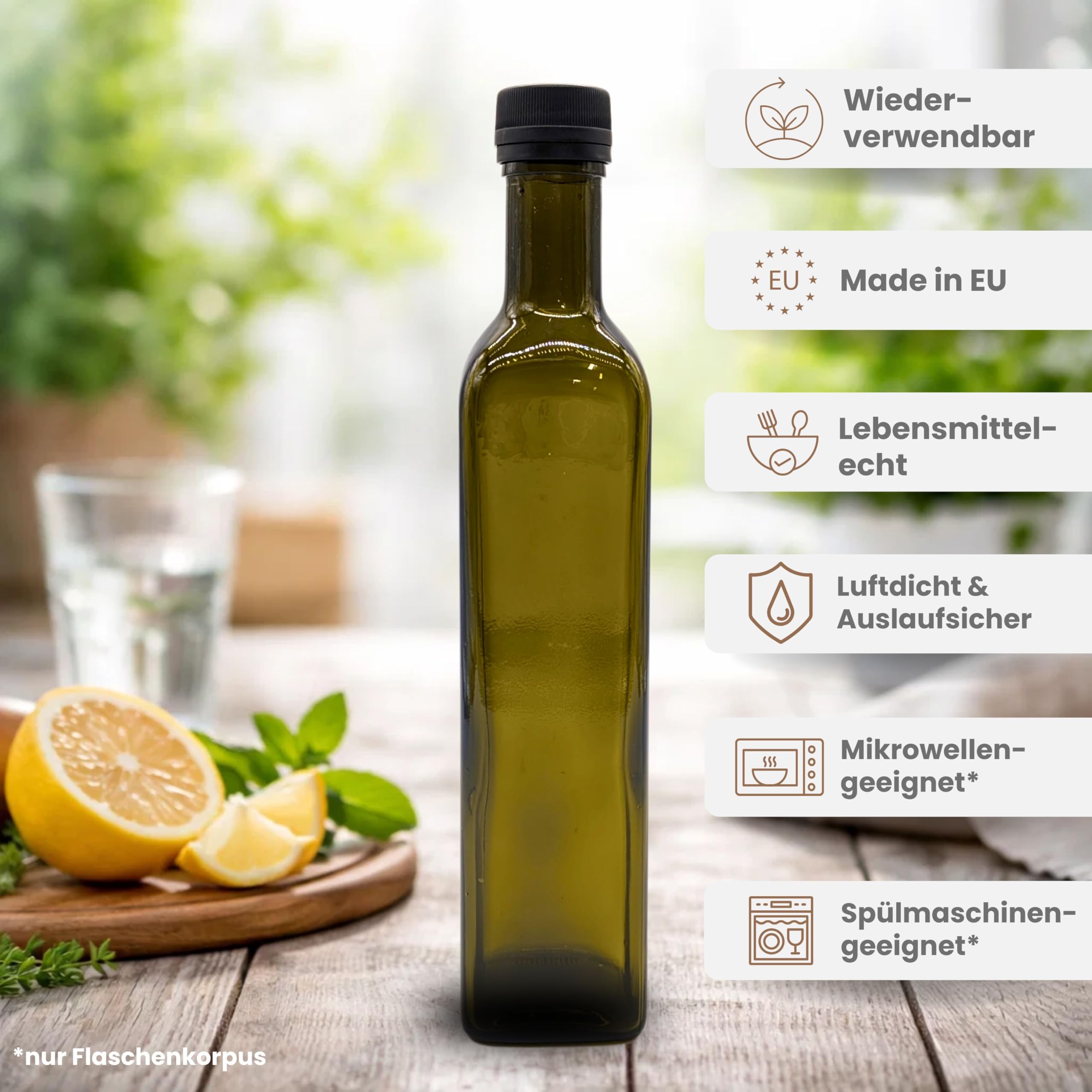 4 bottiglie di olio da 250 ml con beccuccio ed etichette