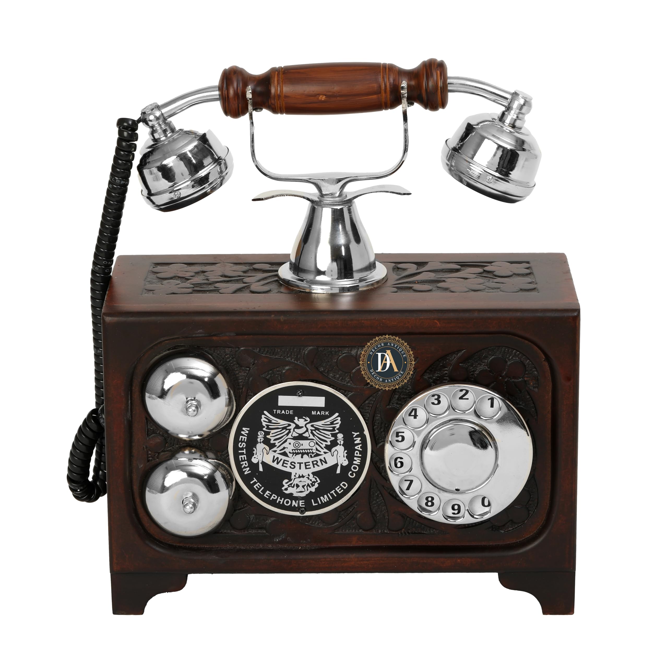 Decor Antique Wooden Carving workes Silver Finish landline Rotary Working Telephone All Connection-image-34