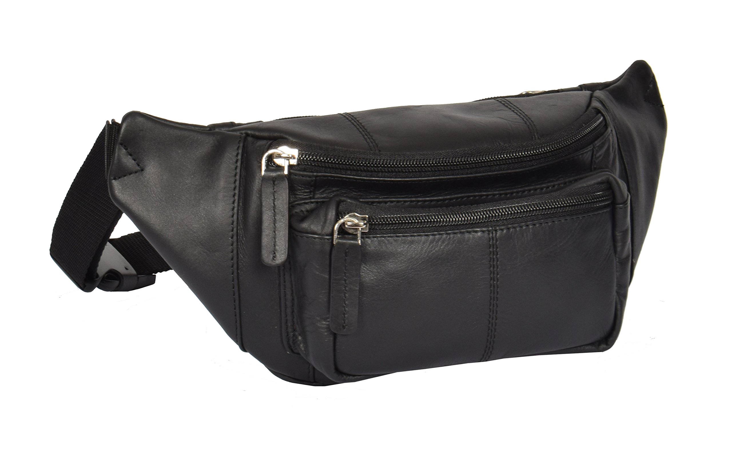 Real Leather Bumbag Pouch Money Waist Hip Belt Mobile Travel Bag fit up to 50" Waist HLG374 (Black)